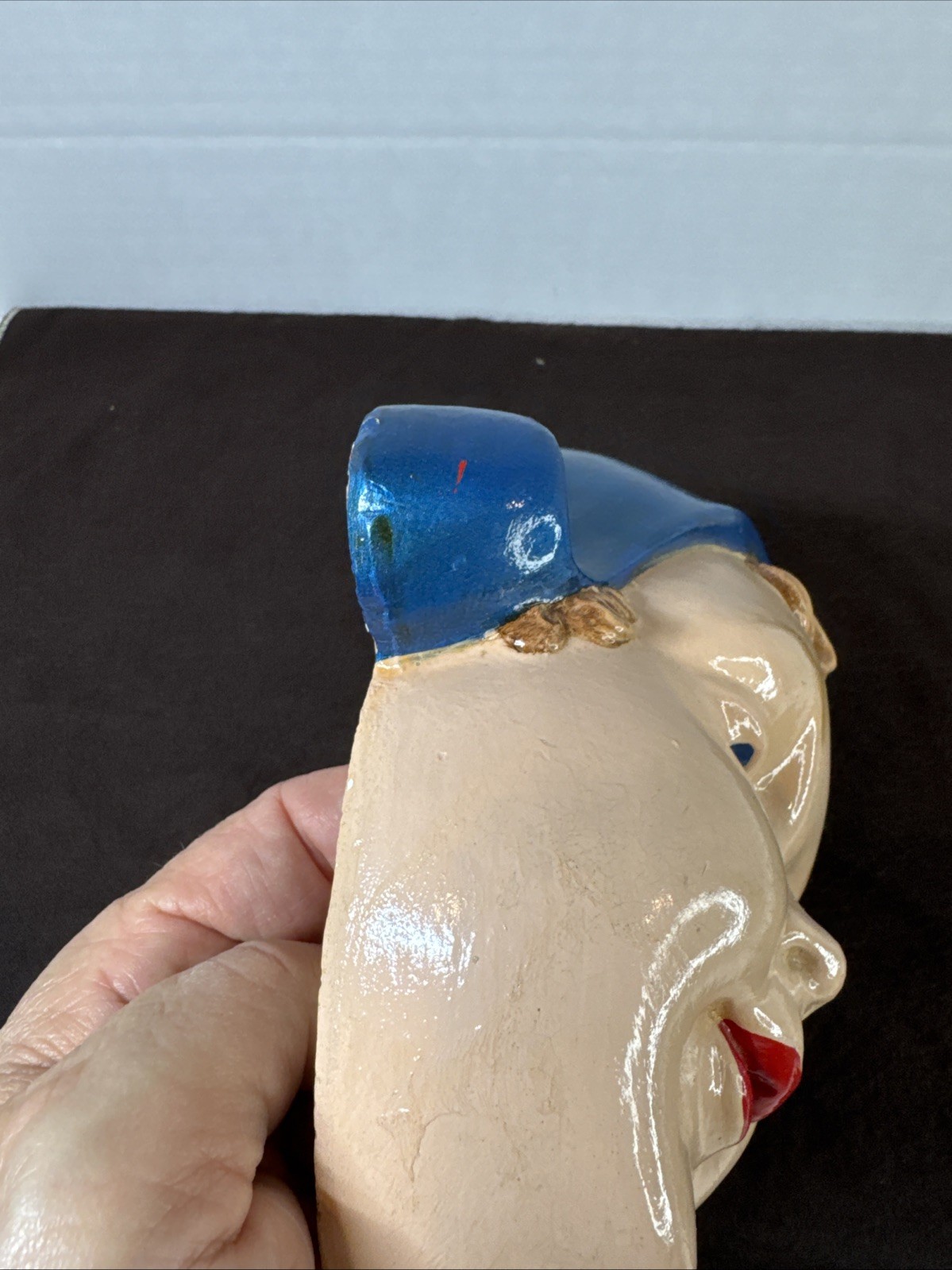 Chalkware Dutch Girl String Holder Wall Hanging Dairy Maid Blue Hat 7″ VTG