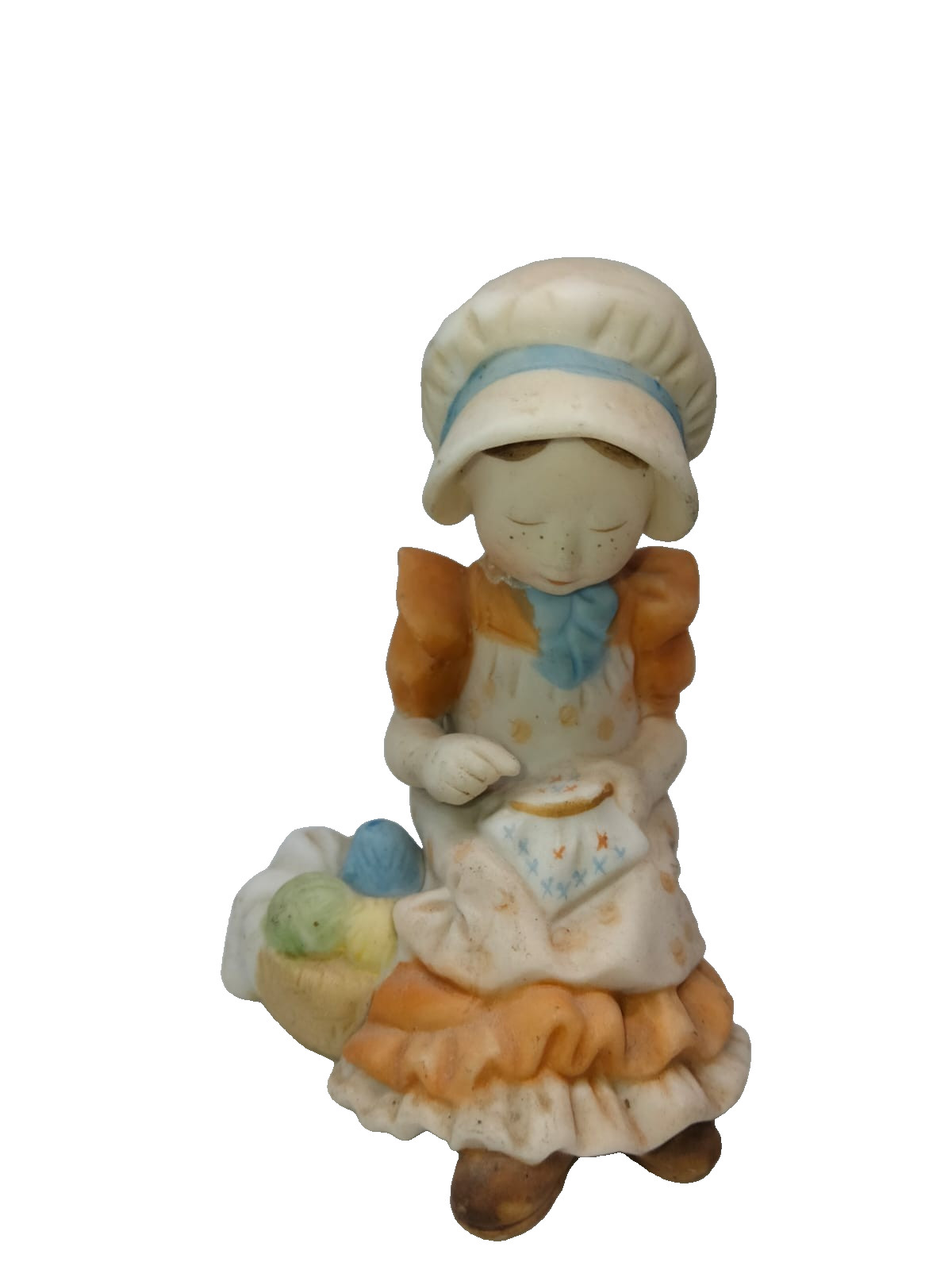 Vintage Ceramic Girl Sewing Figurine Collectible Rustic Home Decor