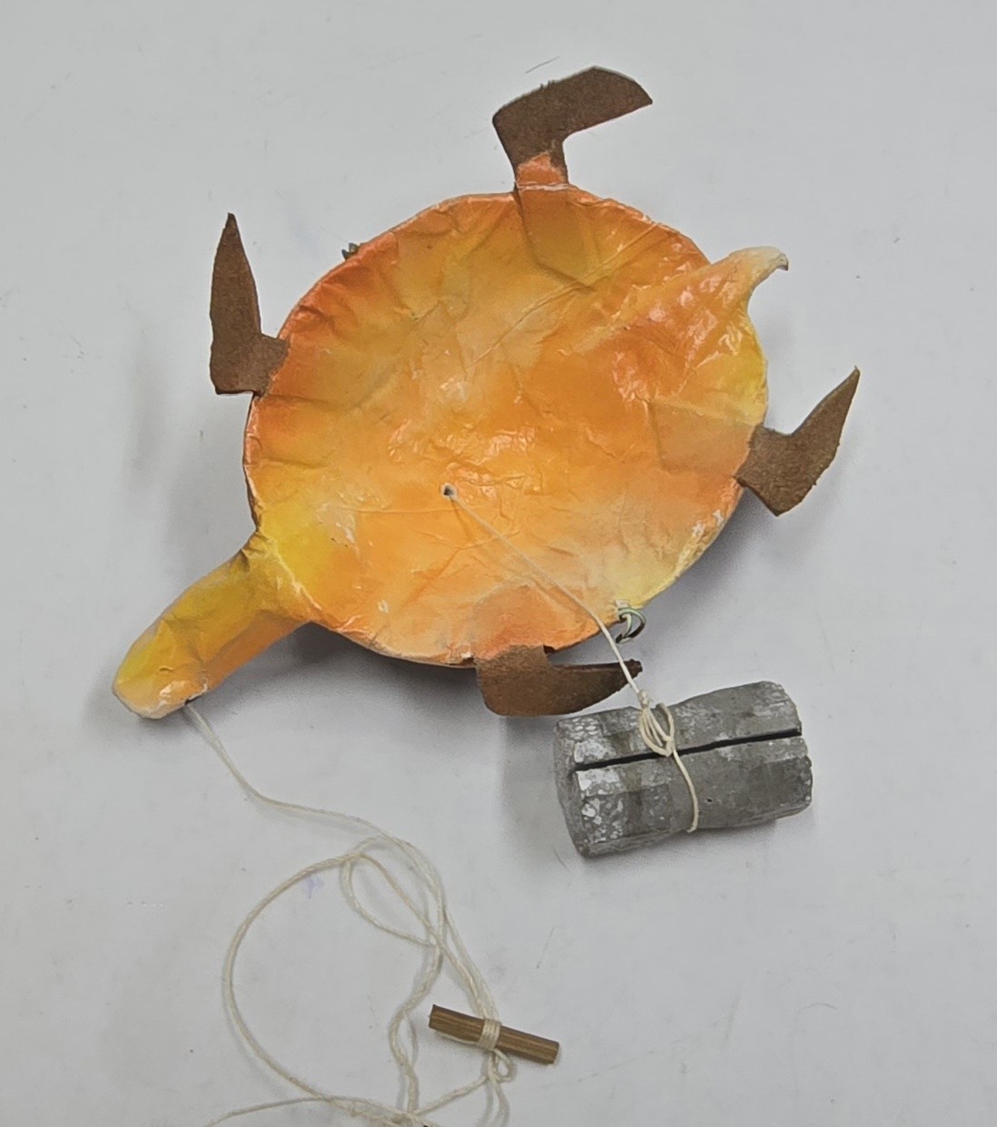Handmade Paper Mache Sea Turtle Figurine Hanging Decor Brown Orange Animal Art
