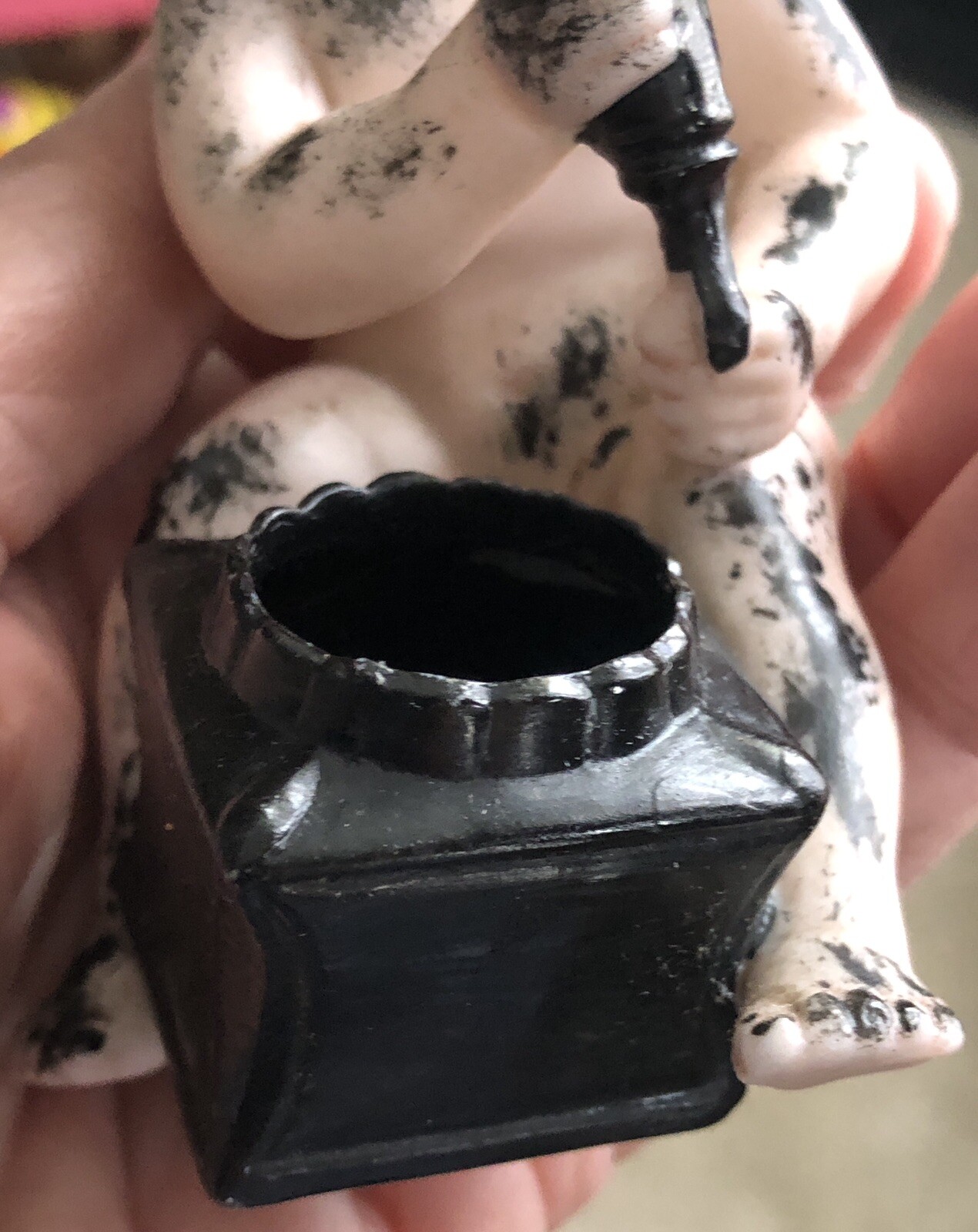 German Bisque Piano Baby with Grease Gun Ink Well Figurine