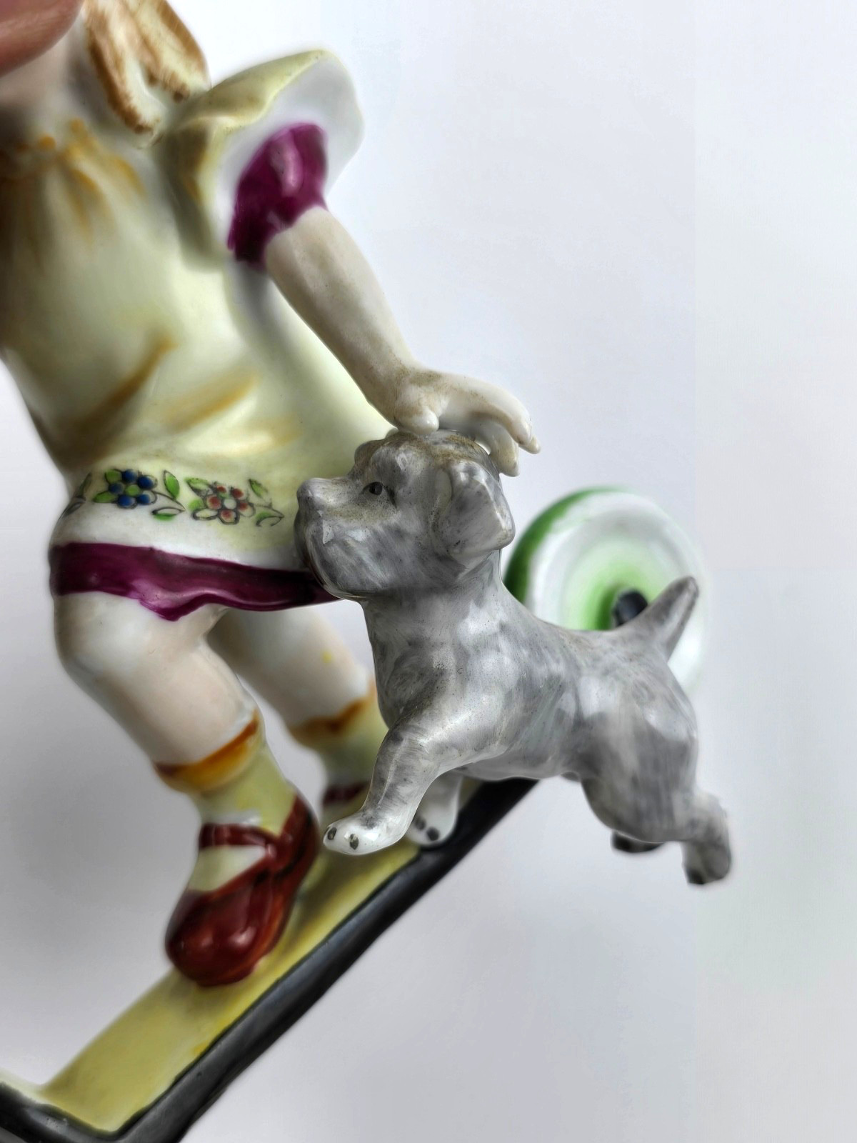 Vintage Hand painted Porcelain Girl on Scooter with small dog Unmarked
