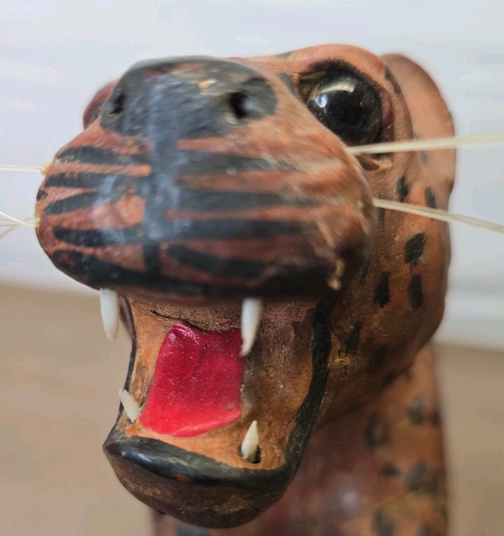 Vintage Leather Wrapped Jaguar Leopard Panther Cheetah Whiskers Teeth Glass Eyes
