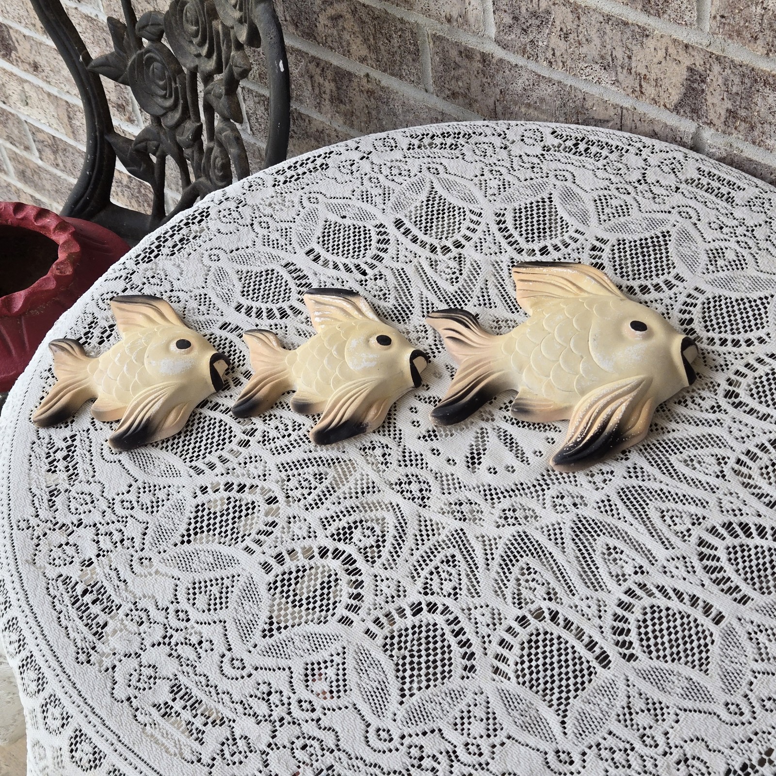 3 Vtg 1960 Miller Studio MCM Fish Chalkware Plaque Wall Hanging Black Cream