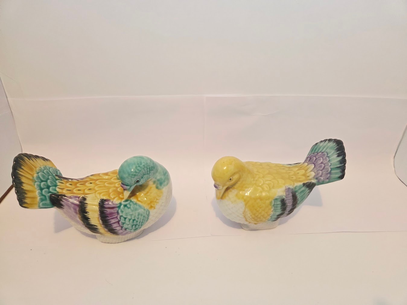 Vintage Japanese Porcelain Vibrant Colors Pigeon Figurines, Pair