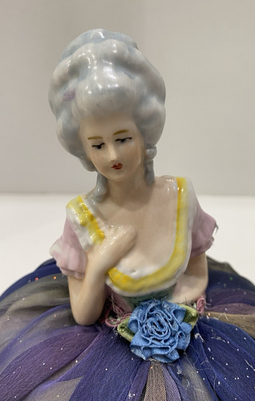 Vintage Germany Porcelain Vanity Half Doll Pin Cushion Dress Victorian Purple