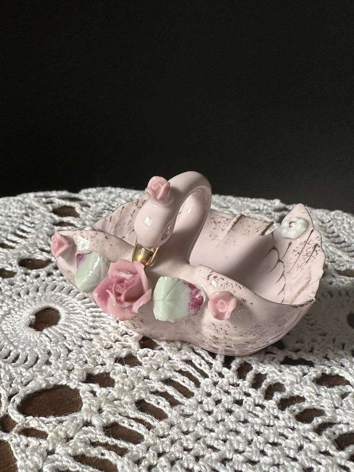Vintage Lefton China Pink Swan Ring Dish