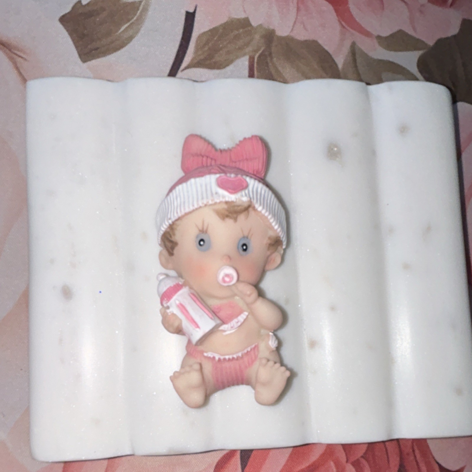 Resin Baby Figurine Magnet Pink White Nursery Decor Collectible