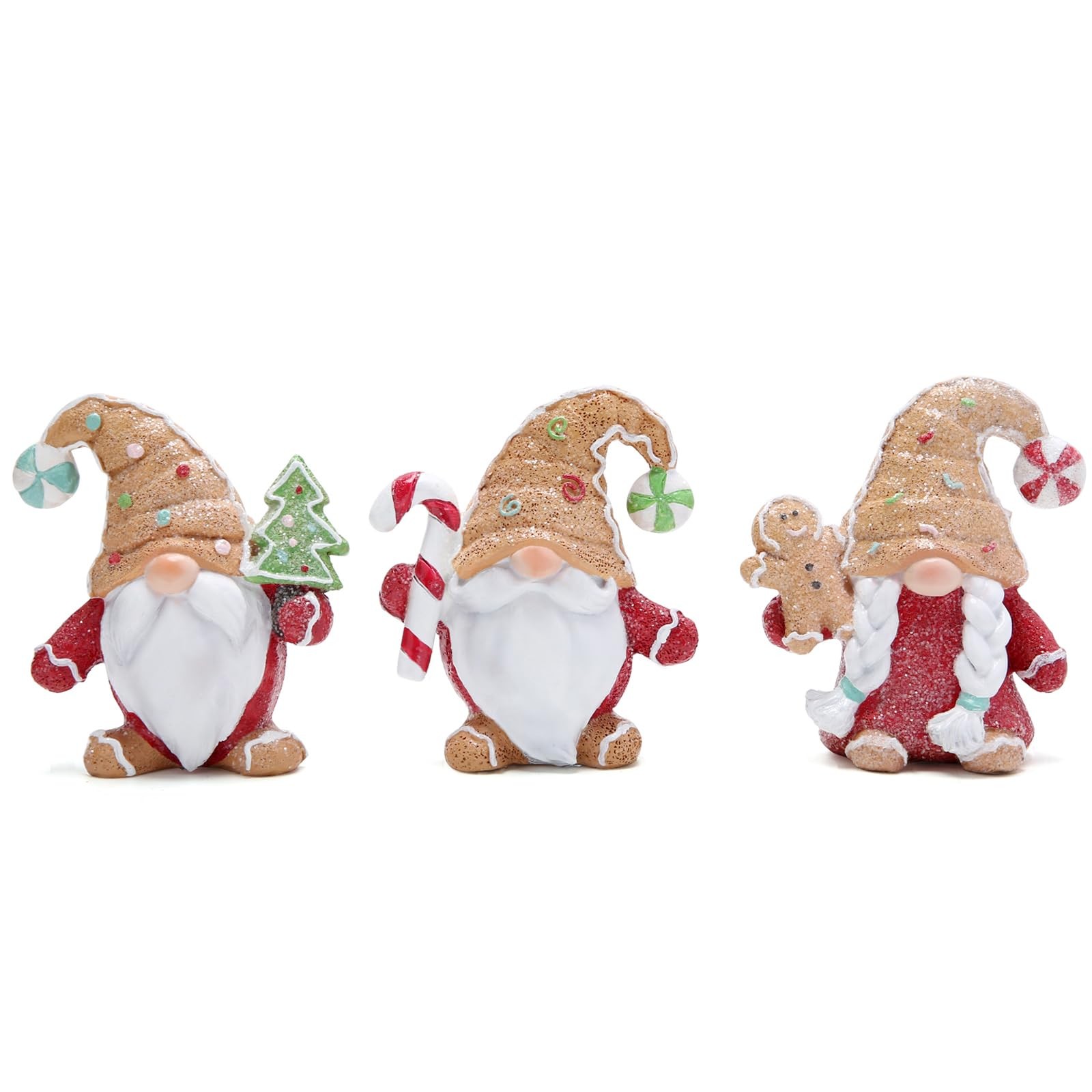 Christmas Gnome Figurines Set of 3, Hand-Painted Resin Gingerbread-Style Mini…
