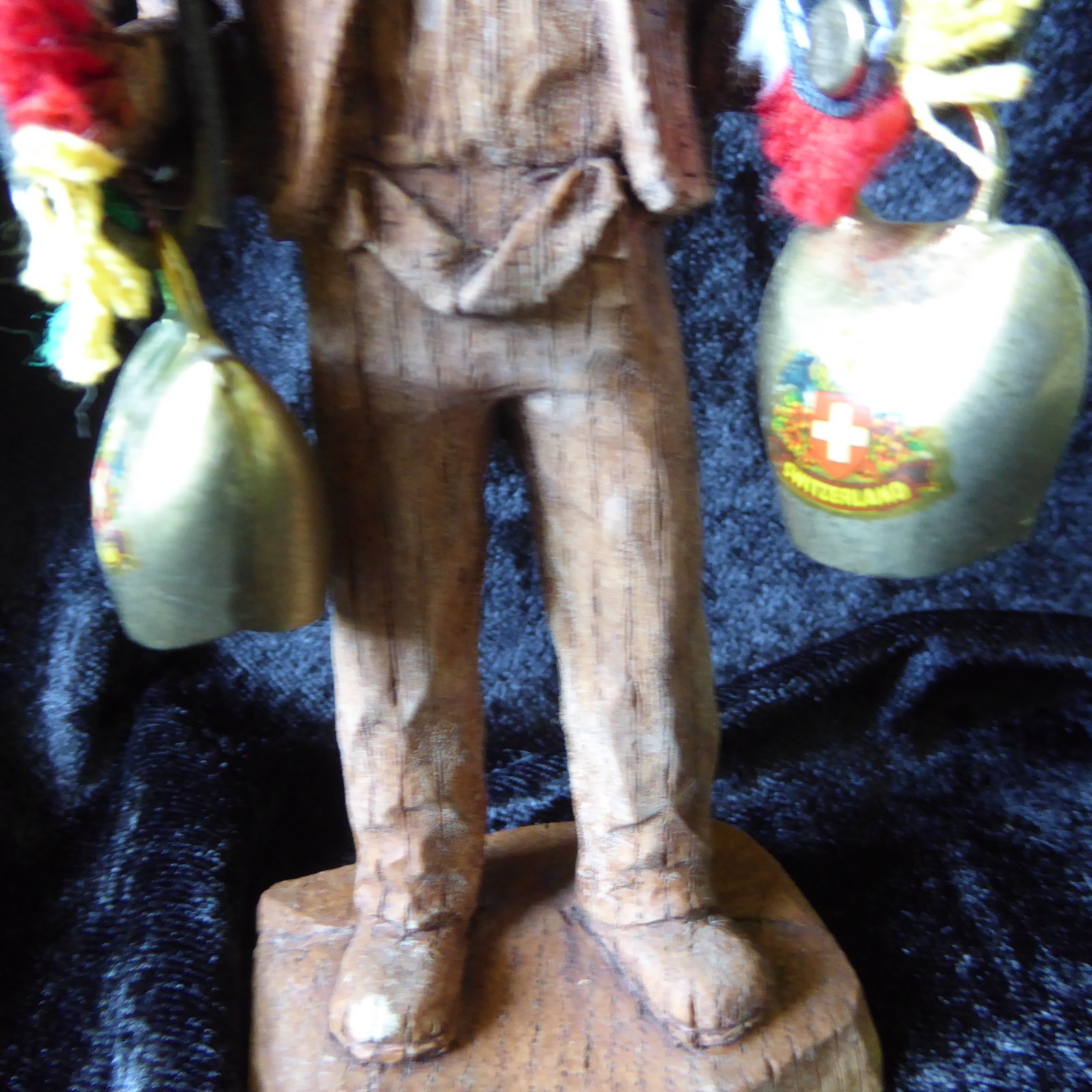 Vintage Hand Carved Wooden Swiss Man Holding Cow Bells Figure 7″ Tall