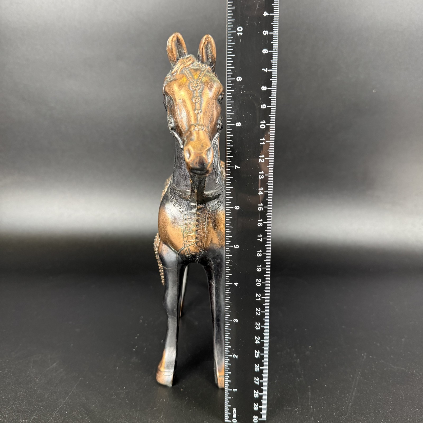 Vtg Cast Metal Copper Bronze Horse Stallion Saddle Figurine 10″ Tall