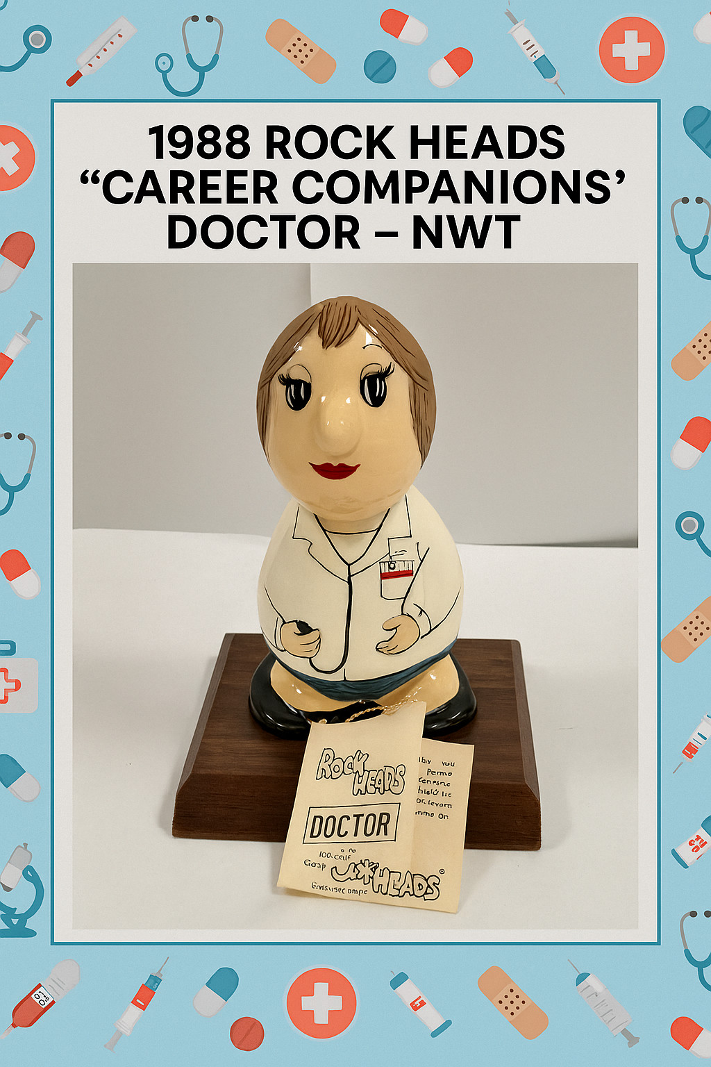 Vintage 1988 Rock Heads “Doctor” Figurine on Wooden Base, NWT – 6″ Folk Art