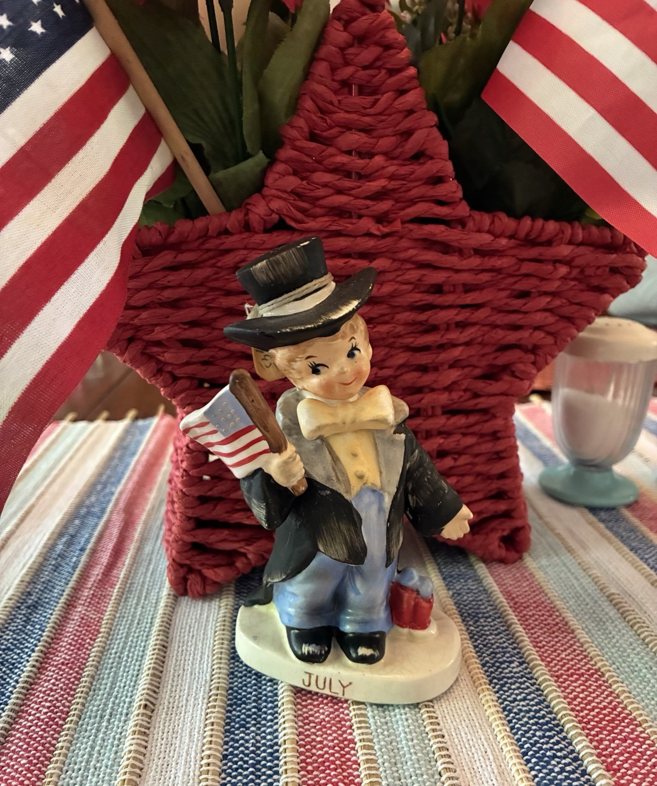 Vintage Lefton July 4th Patriotic Flag Top Hat Boy Figurine 2300 Mid Century