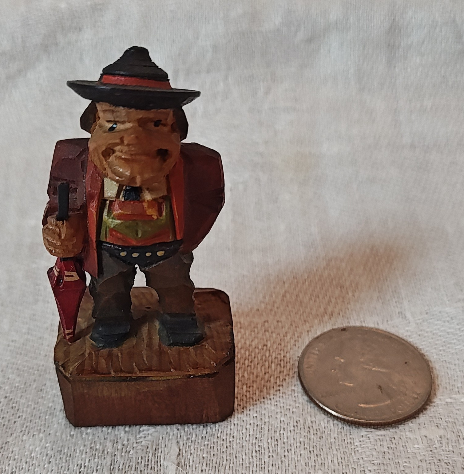 Vintage Folk Art Hand Carved Wooden Figurine w/ Umbrella Hat Italy 2.25in