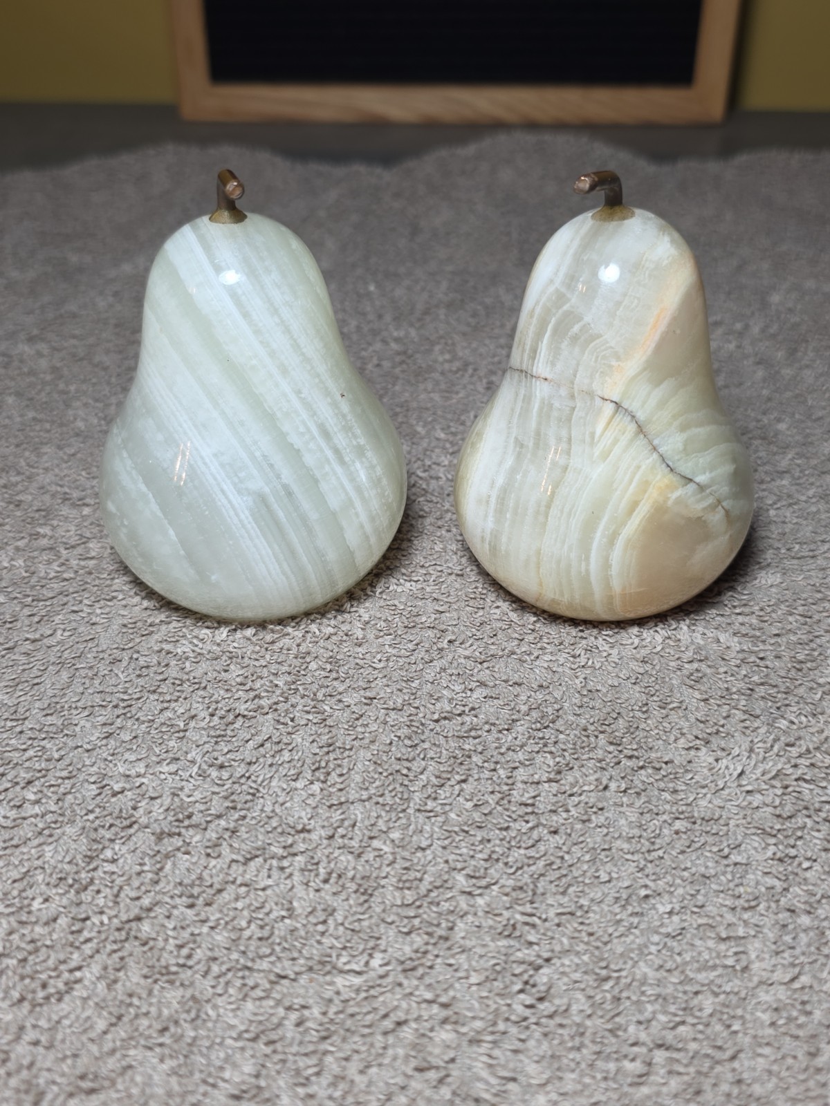 Set of 2 Vtg ONYX Solid Stone PEARS Pear Sculptures FRUIT DECOR Metal Stems MCM