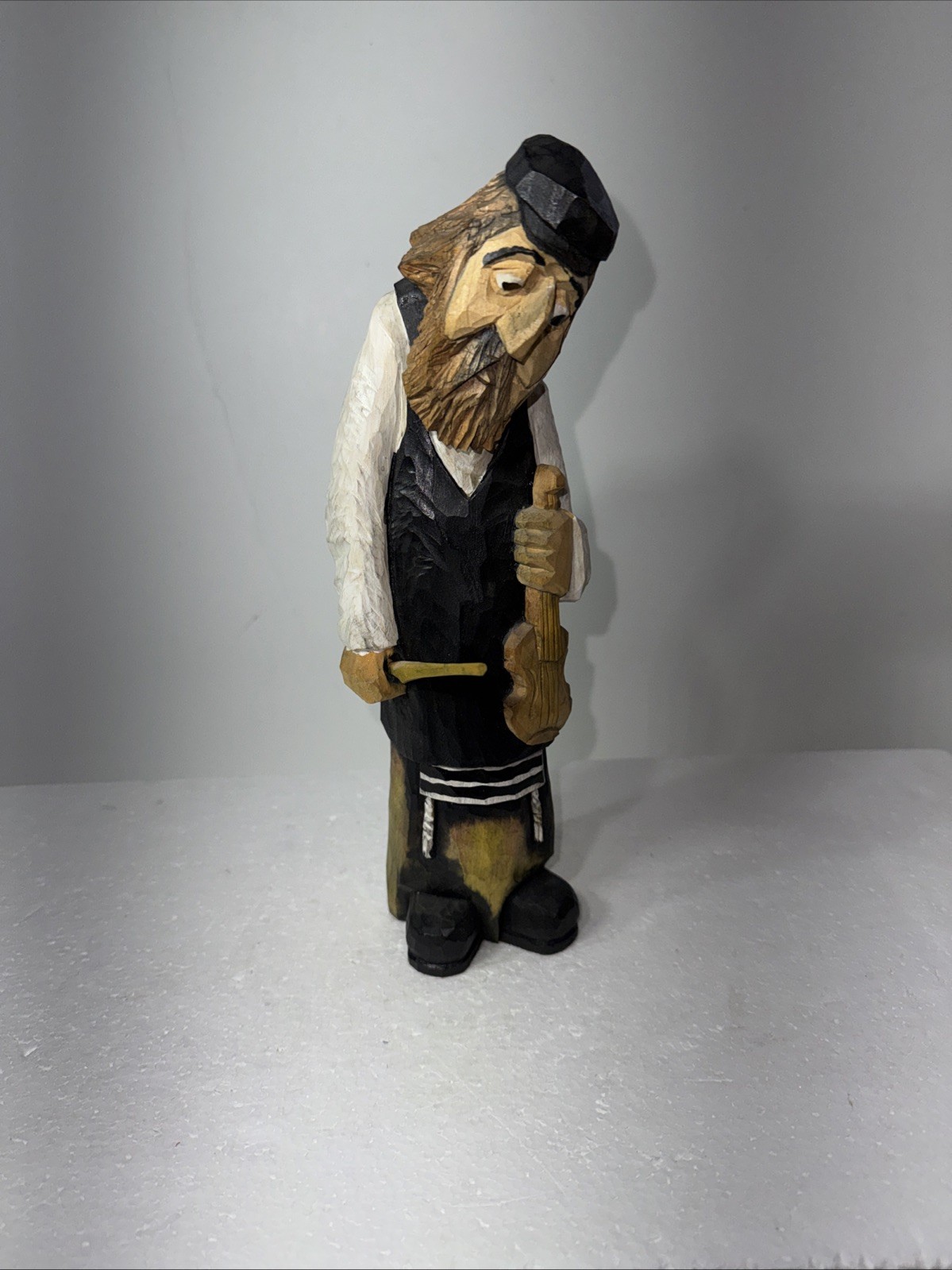 Hand Carved Wooden Man With Fiddle Fork Art