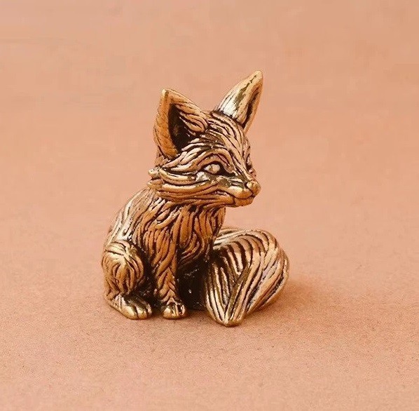 Brass Copper Tiny Fox Animal Figurine Mini Statue Table Desk Home Decoration Toy