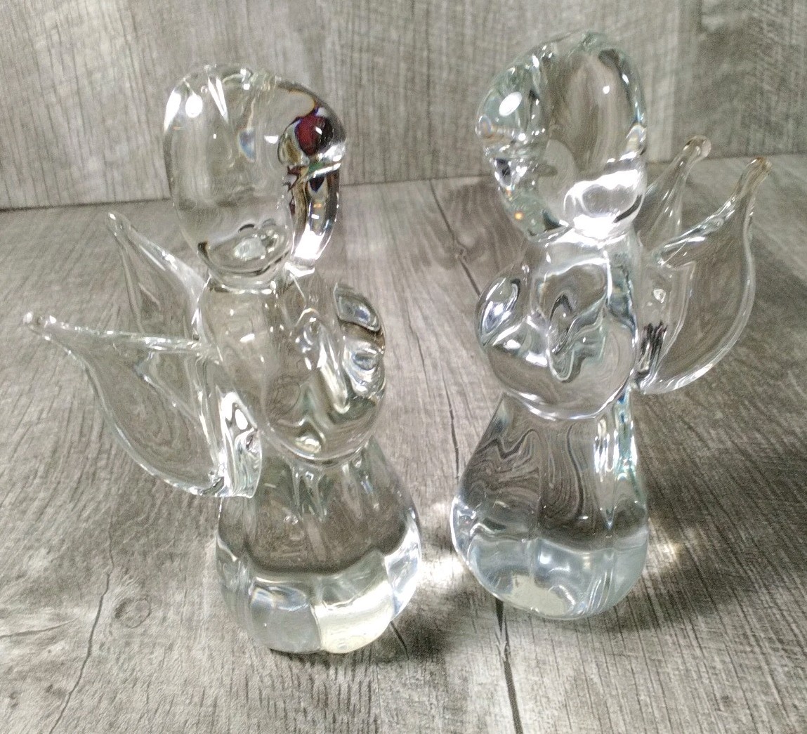 Vintage Pair Art Glass Clear Praying Angels Made In Taiwan