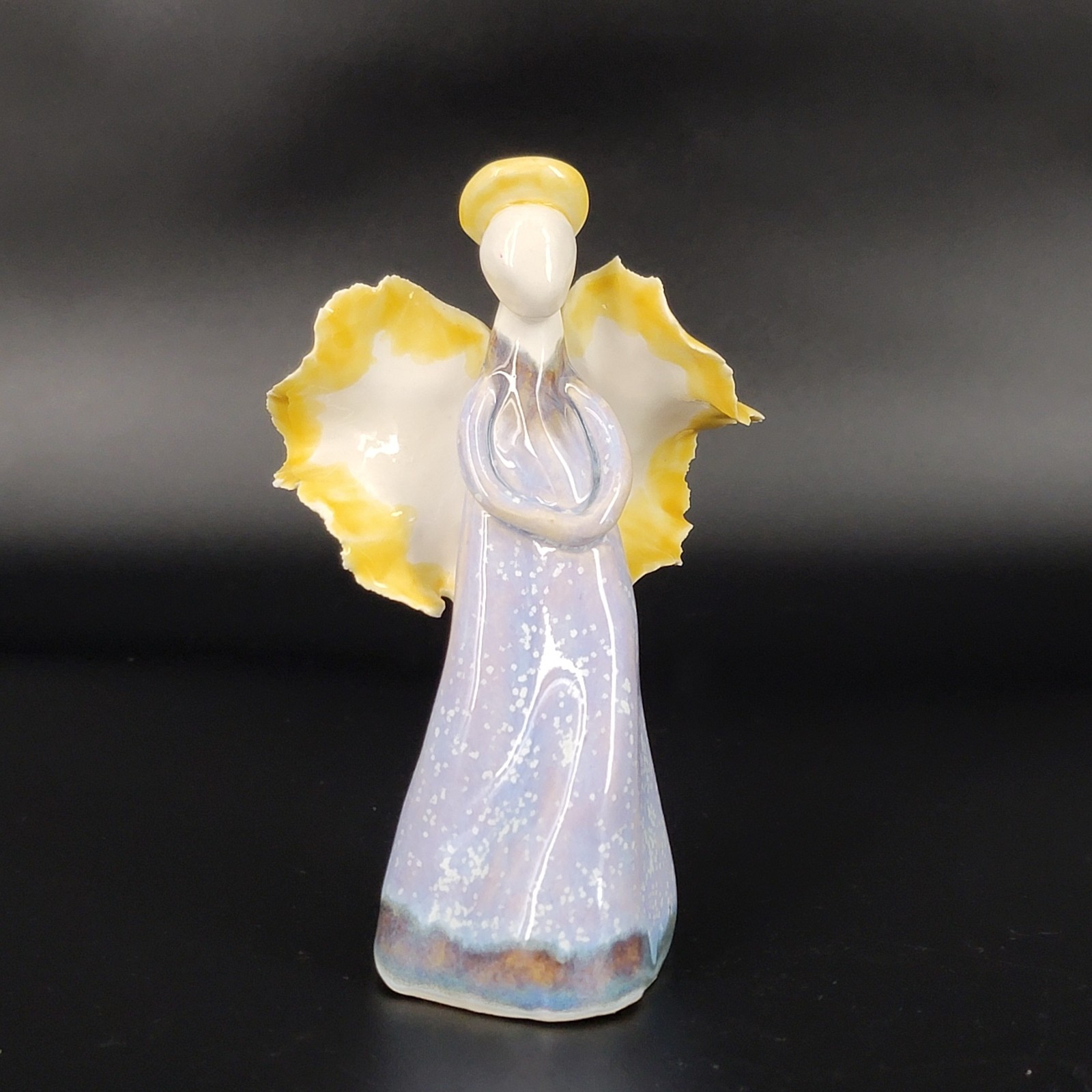 Hand Crafted Pottery Angel Figurine Free Standing 5.5″ Tall Blue Yellow