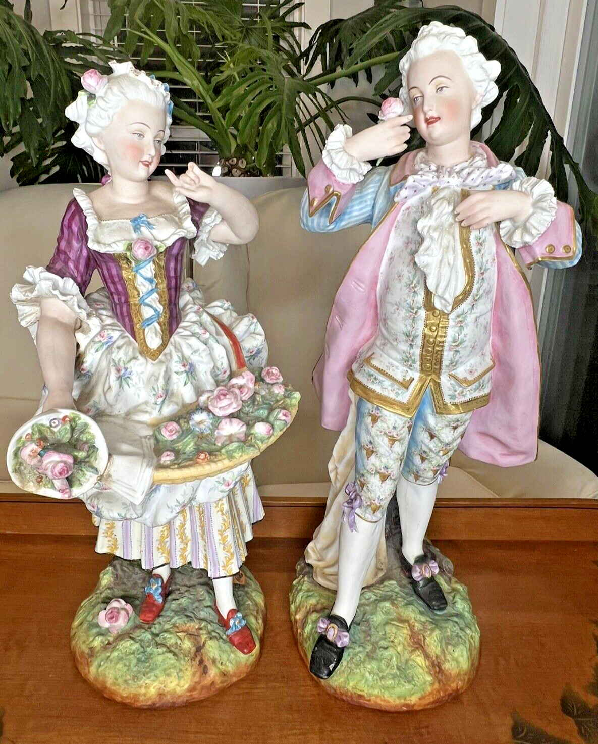 Large Antique French Pair Figure Romantic Bisque Porcelain Old Paris 19thC 20″