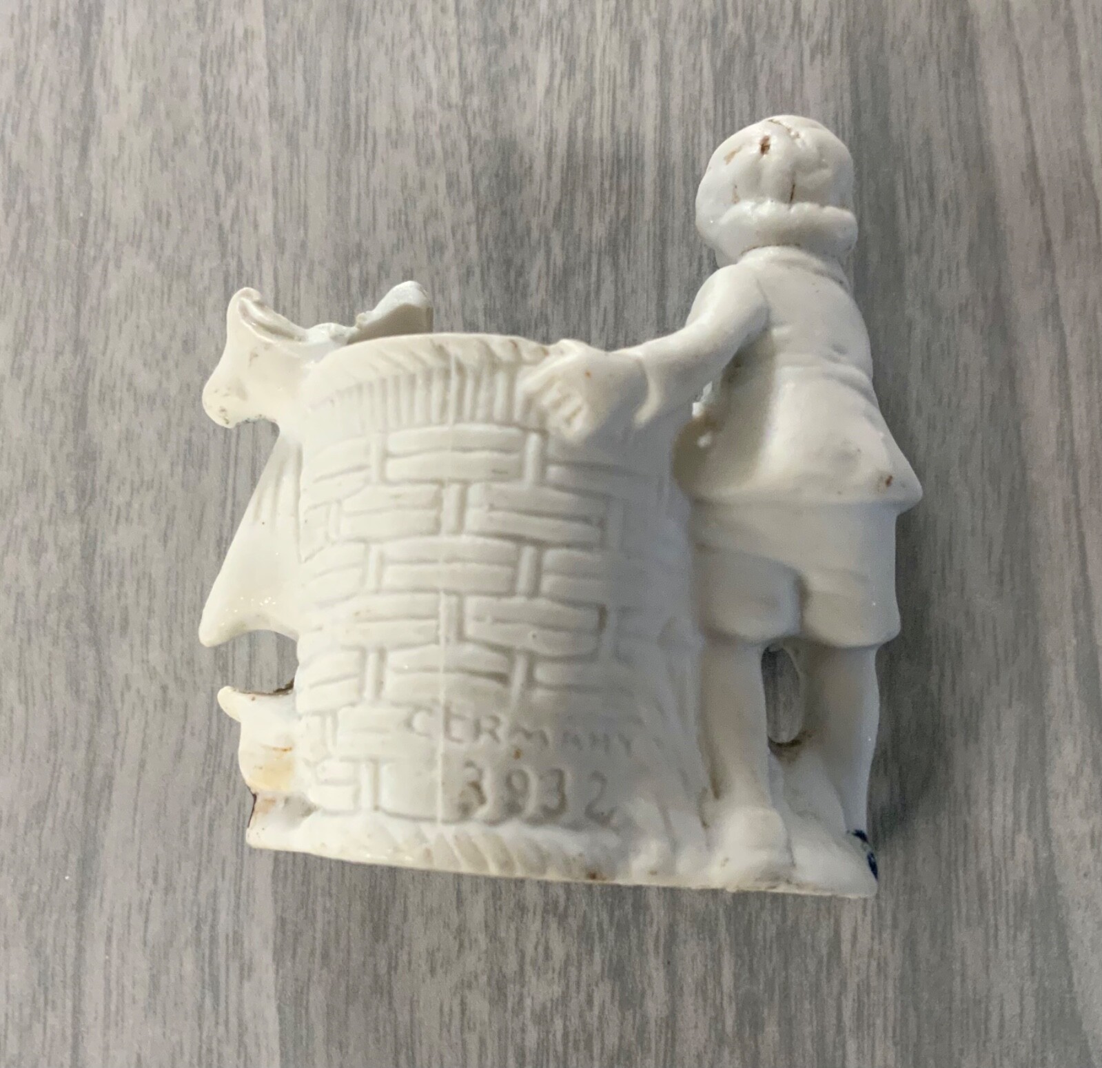 antique porcelain boy with basket figurine, 2-3/4″ boy figure, made in Germany