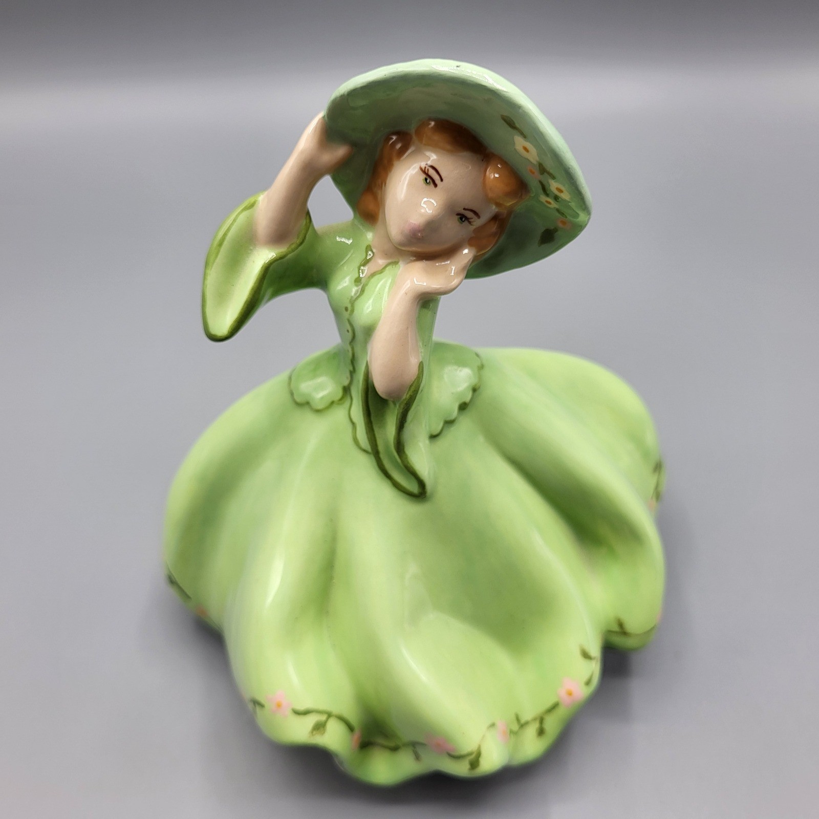 Vintage Ceramic Southern Belle Lady Figurine Green Floral Dress Hat Green 6.5″