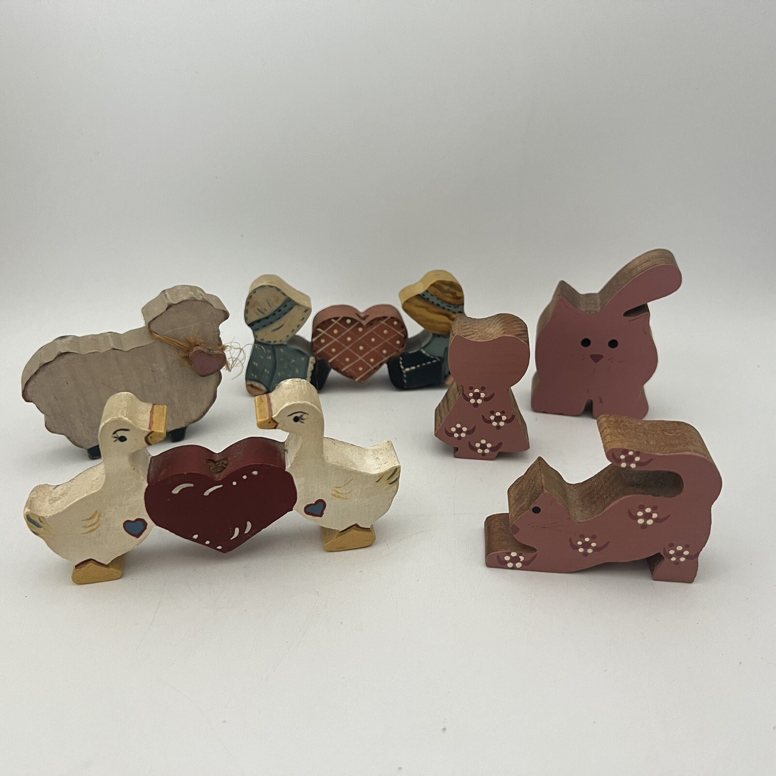 6 Pc Vintage Wood Cut Out Hand Painted Folk Art Figure Cats Sheep Ducks Country