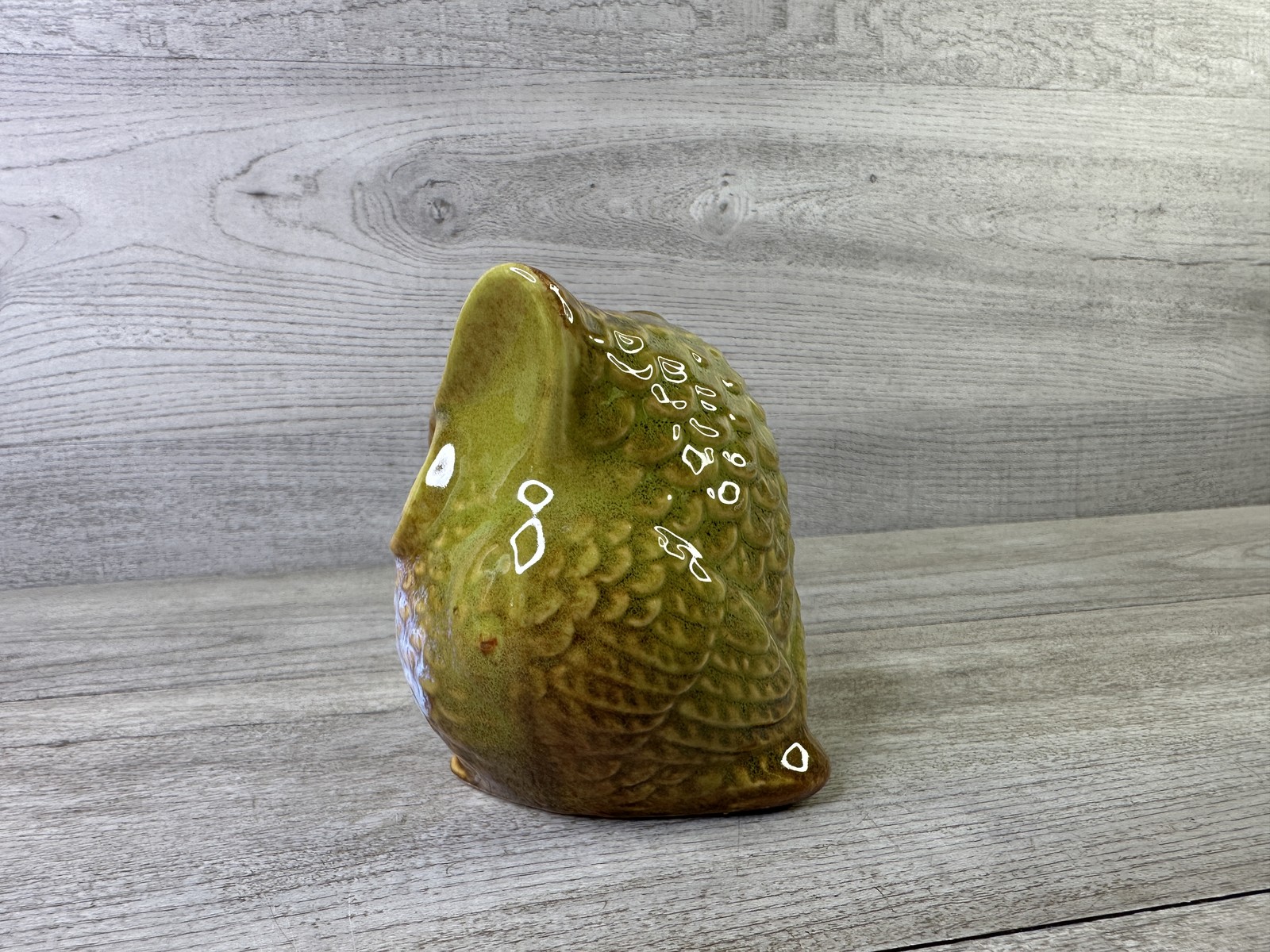 Vintage Ceramic Owl Figurine Green Brown Drip Glaze Mid Century Modern Decor