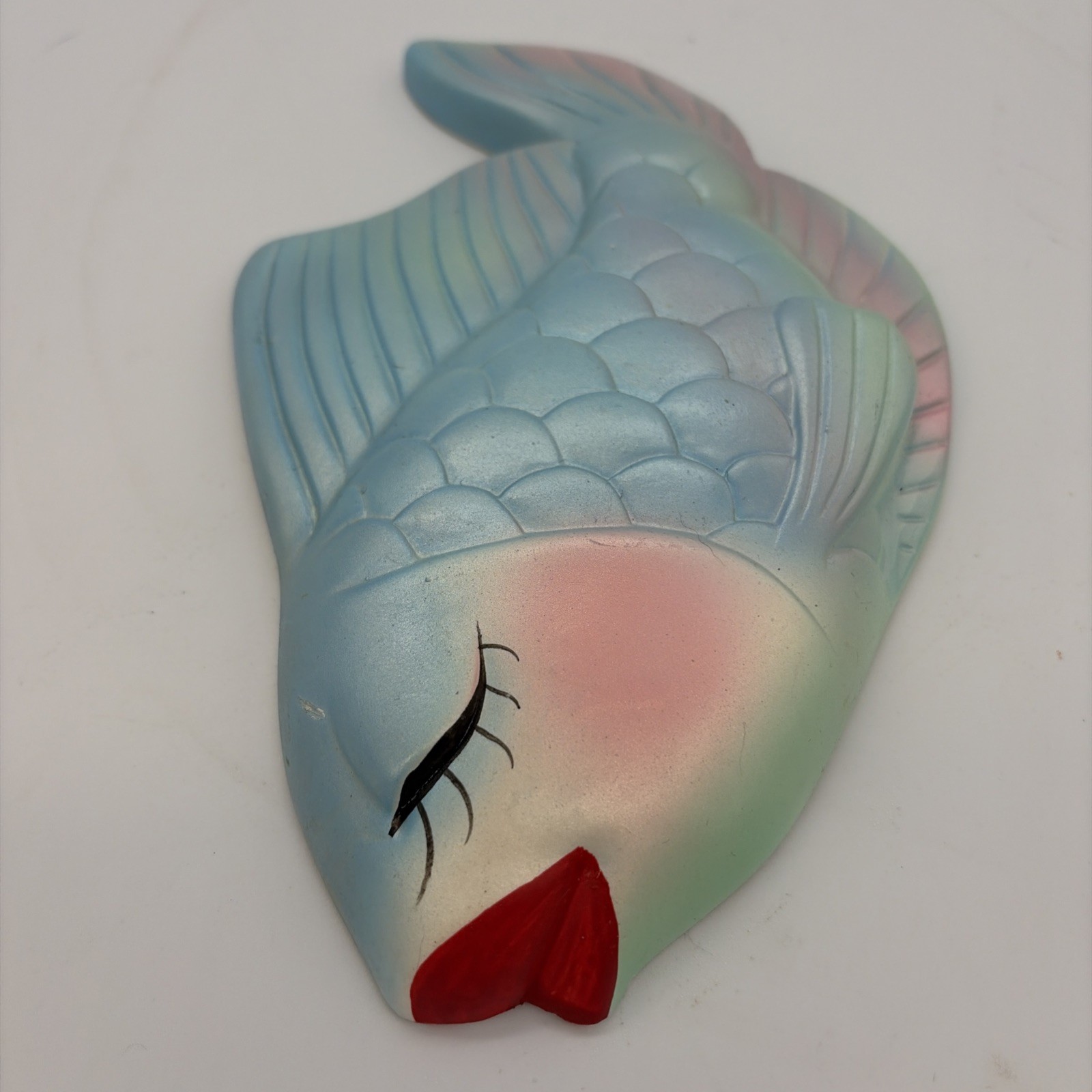 Miller Studio Chalkware Fish Bath Wall Decor Blue Green Red Lips 1960s Vintage