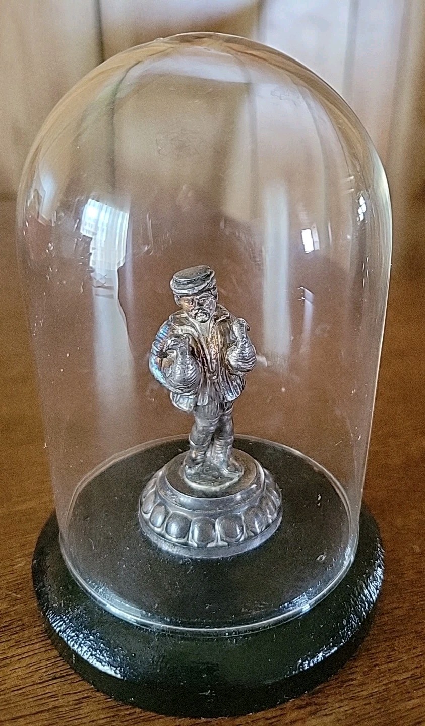 Vintage 5in Glass Dome With 2.5in Metal Figure on Wood Base