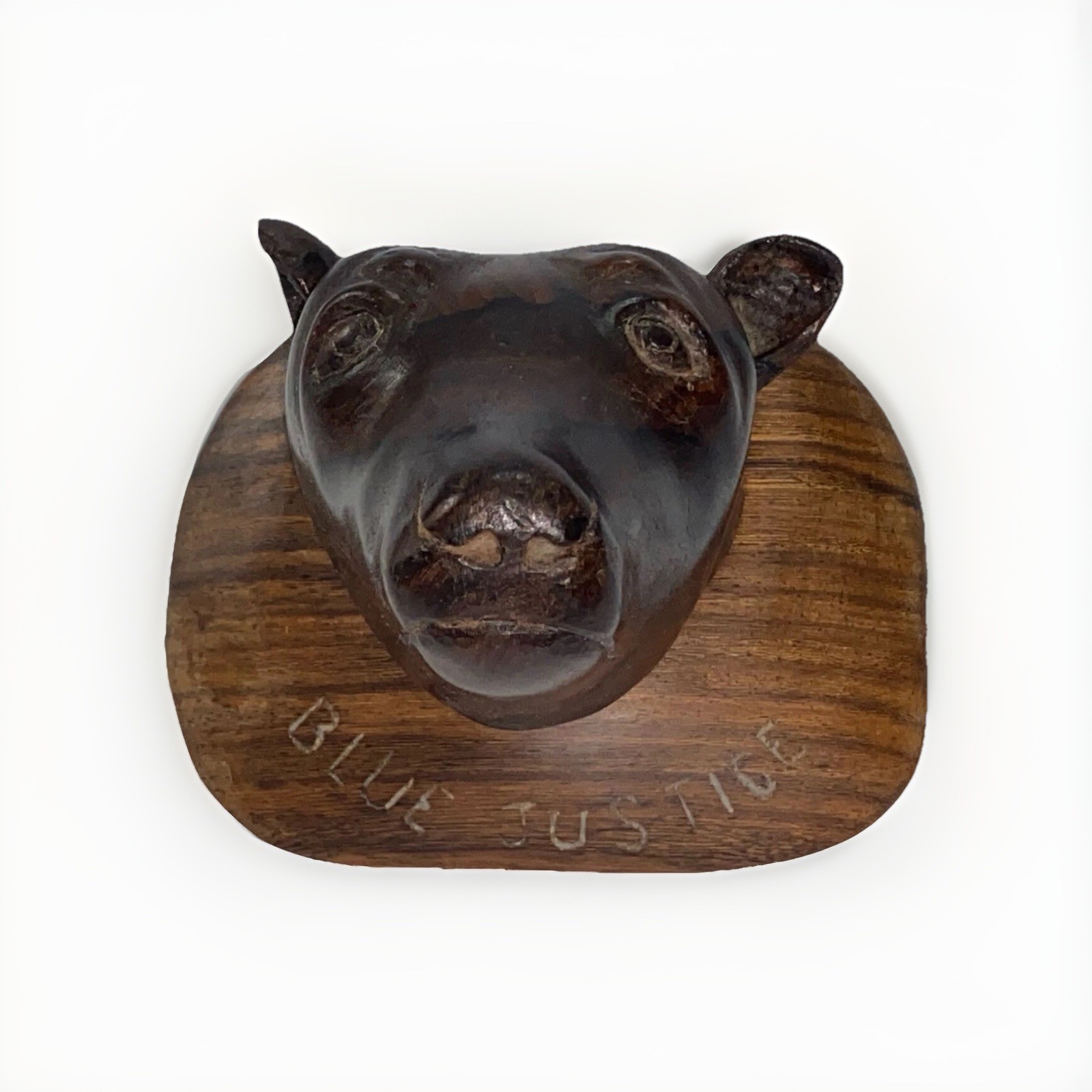 Vintage Zericote Wood Carved Dog Head Desk Top On A Wooden Base One Of A Kind