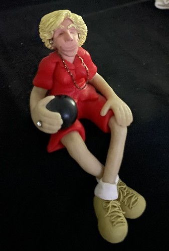 BOWLING WOMAN SHELF SITTER- bright red-orange outfit w/ black ball – D. Manning