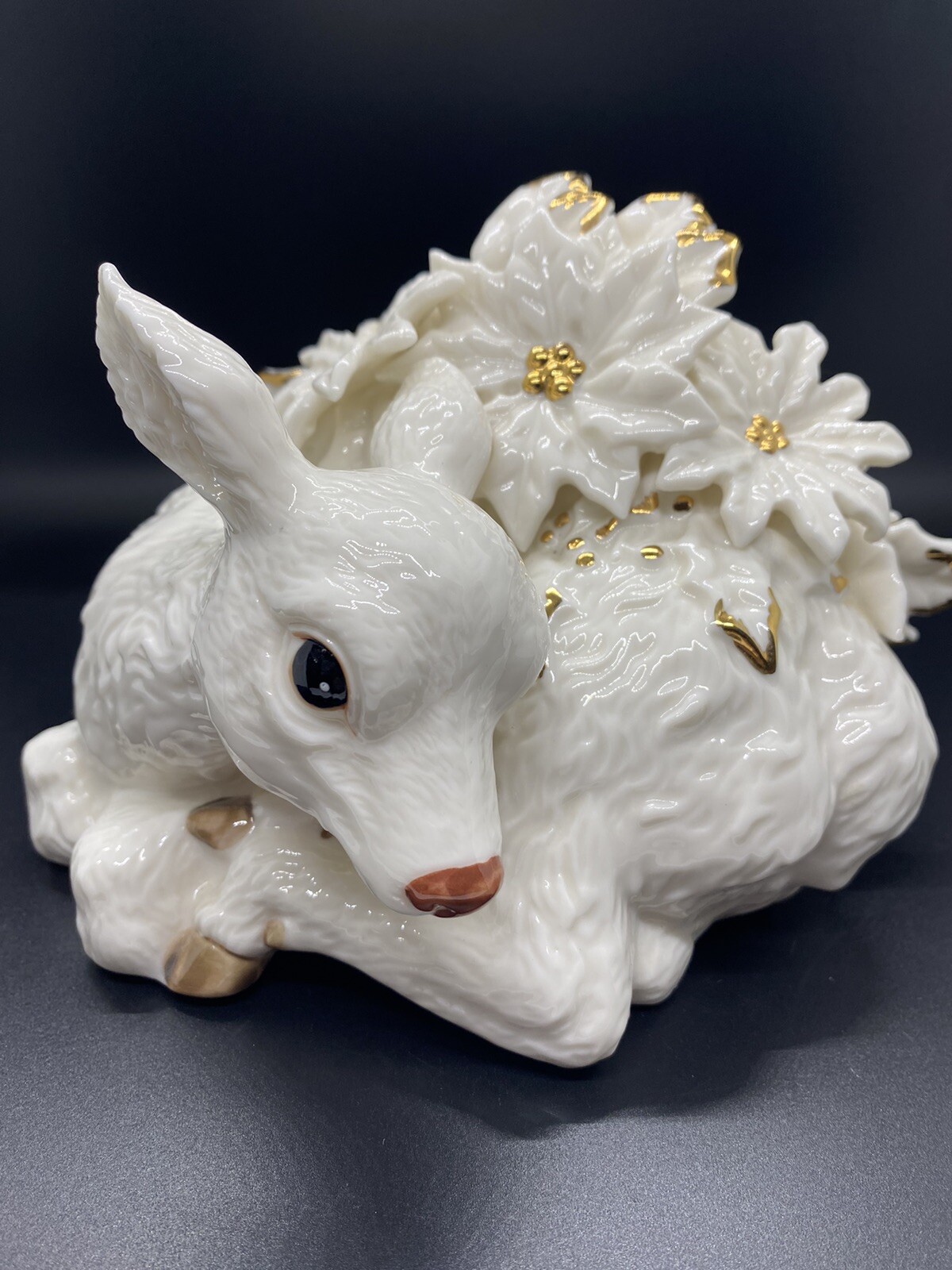 Fawn Baby Deer And Poinsettias White and Gold Porcelain Statue For Winter