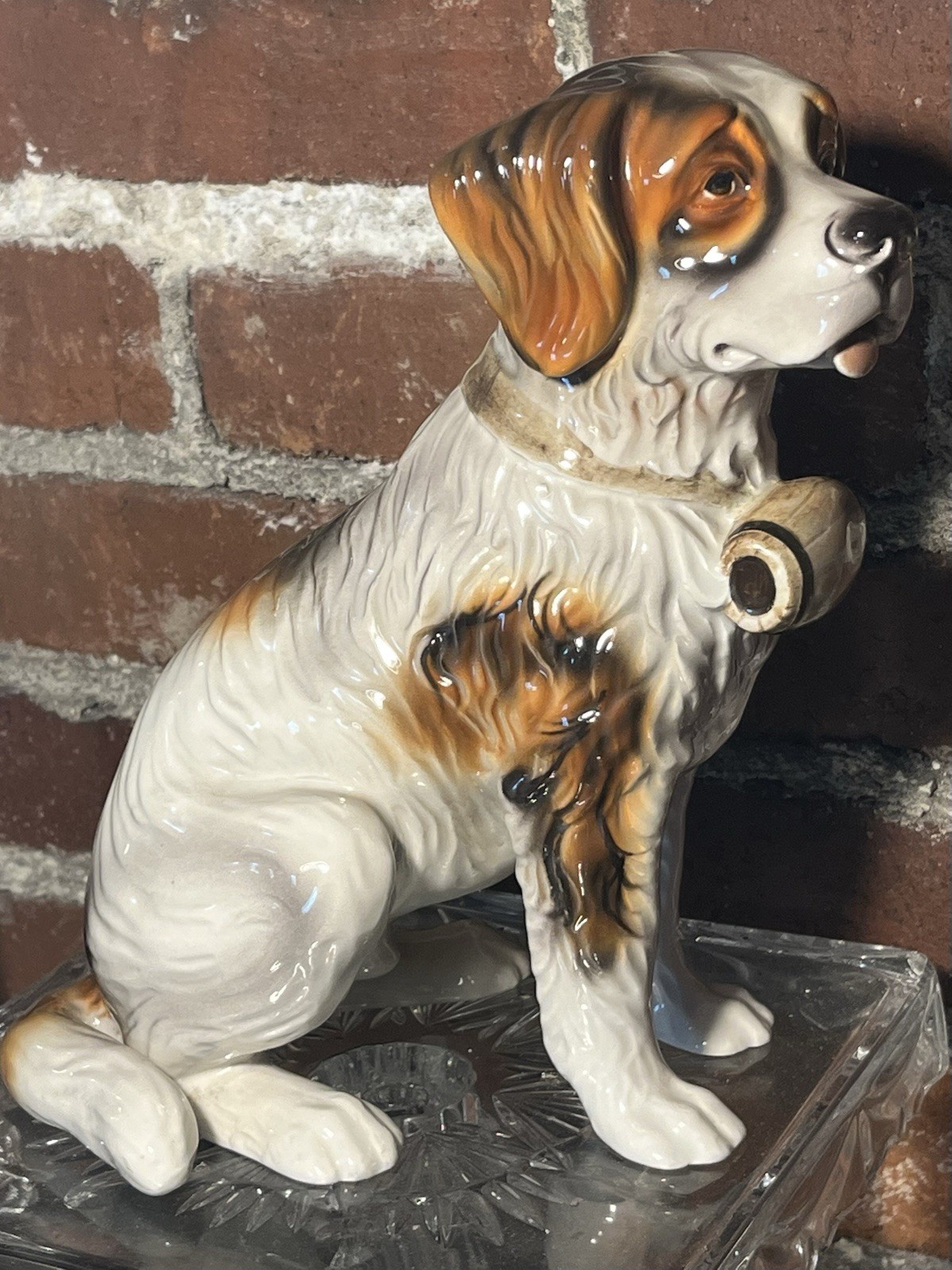 Vintage Keramos Wien Rescue St Bernard Figurine Porcelain Dog Barrel
