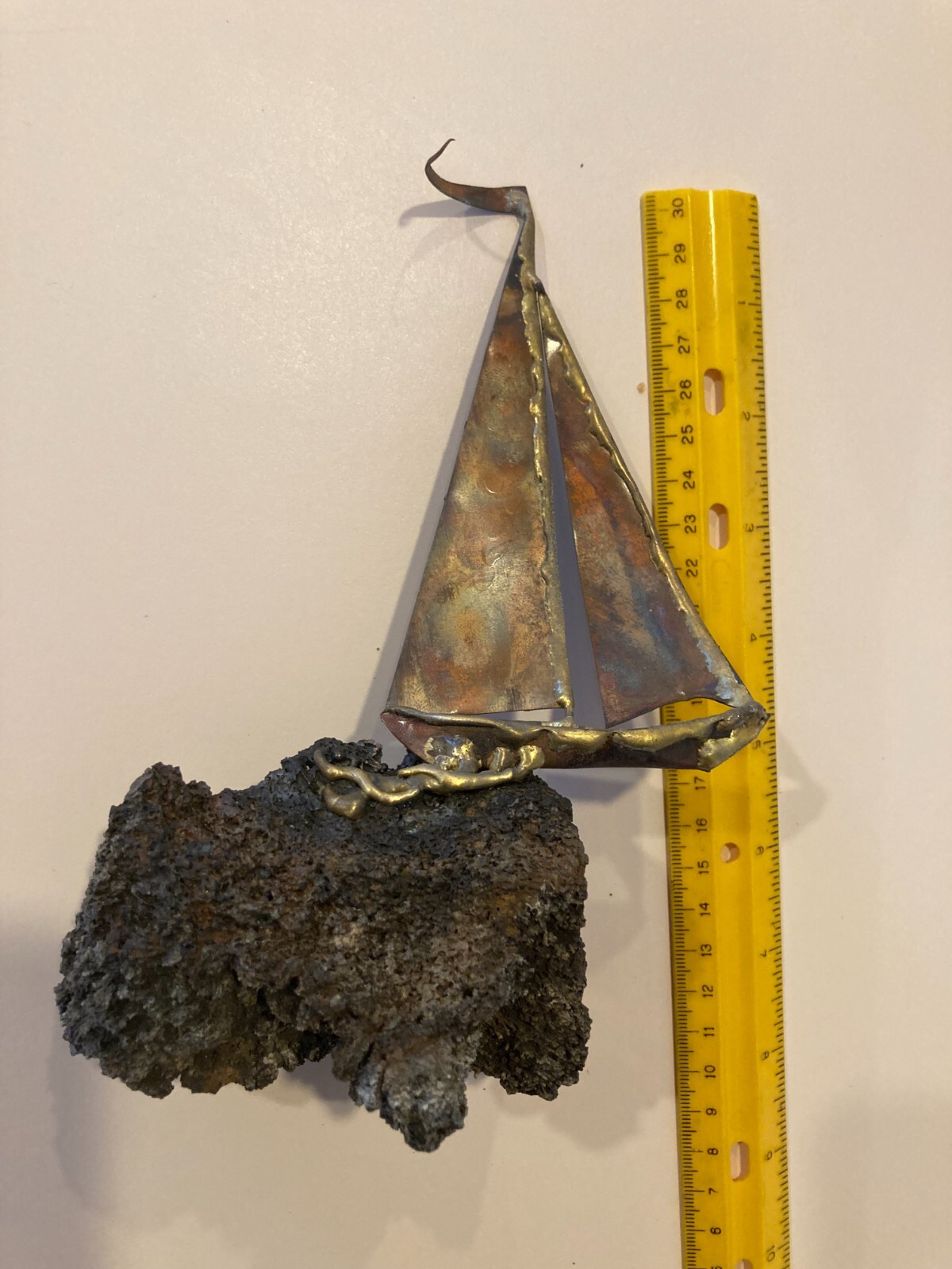 6.5″ Tall 1970s Brass Copper Sloop Sailboat Lava Rock Sculpture Crossfire Hawaii