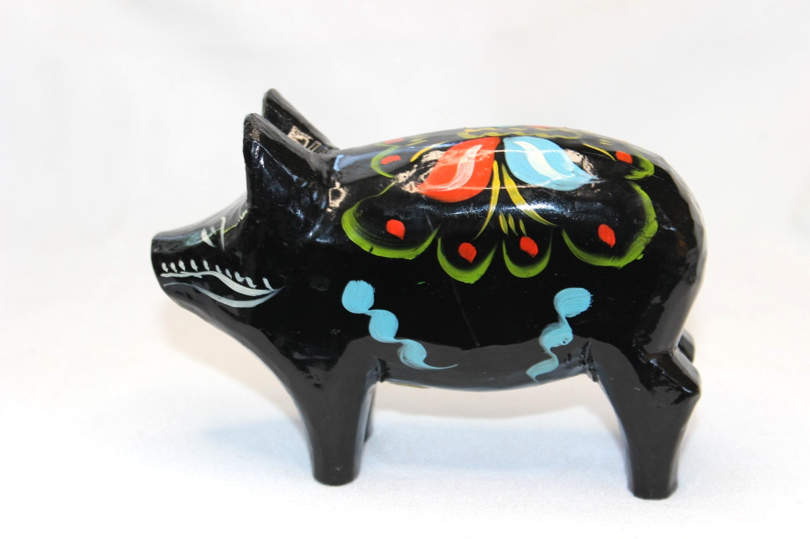 Vintage Olssen Dala Pig Handcarved Wooden Figurine 1980s Dalarna Sweden black
