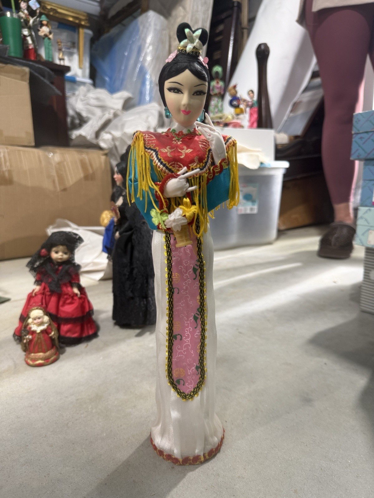 Asian Woman Fabric Figurine Multicolor Traditional Long Dress 3D Effect