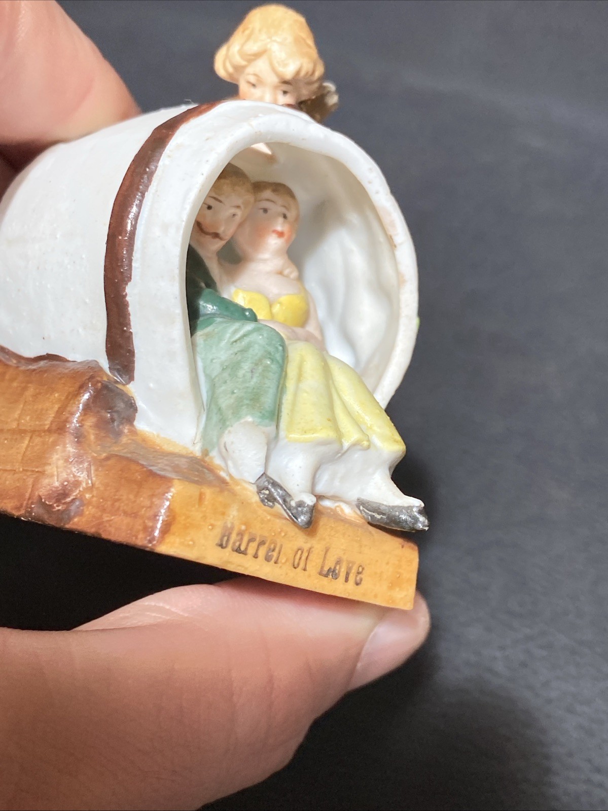 Antique Fair Souvenir Courting Couple Barrel of Love Cupid Cherub Angel AS IS*