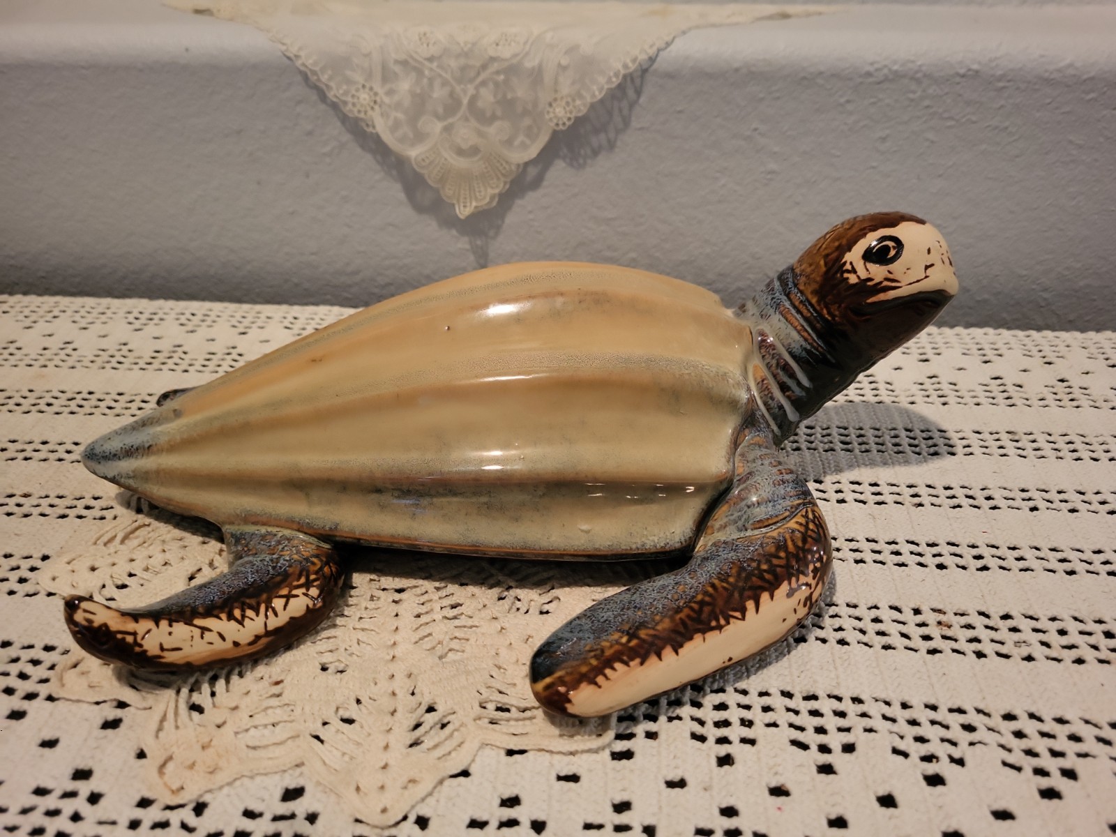 Unique Large Glazed Ceramic Leatherback Turtle Figurine 13″ Long