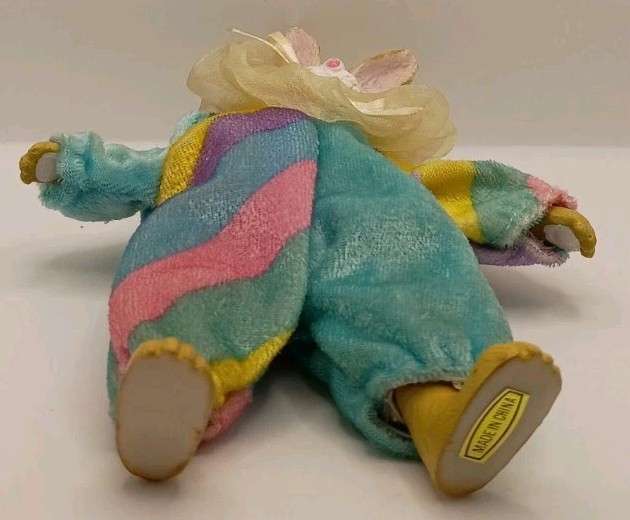 Vtg. Anthropomorphic Bunny Jester Bendable Figure Pastel Stripe Velour Jumpsuit