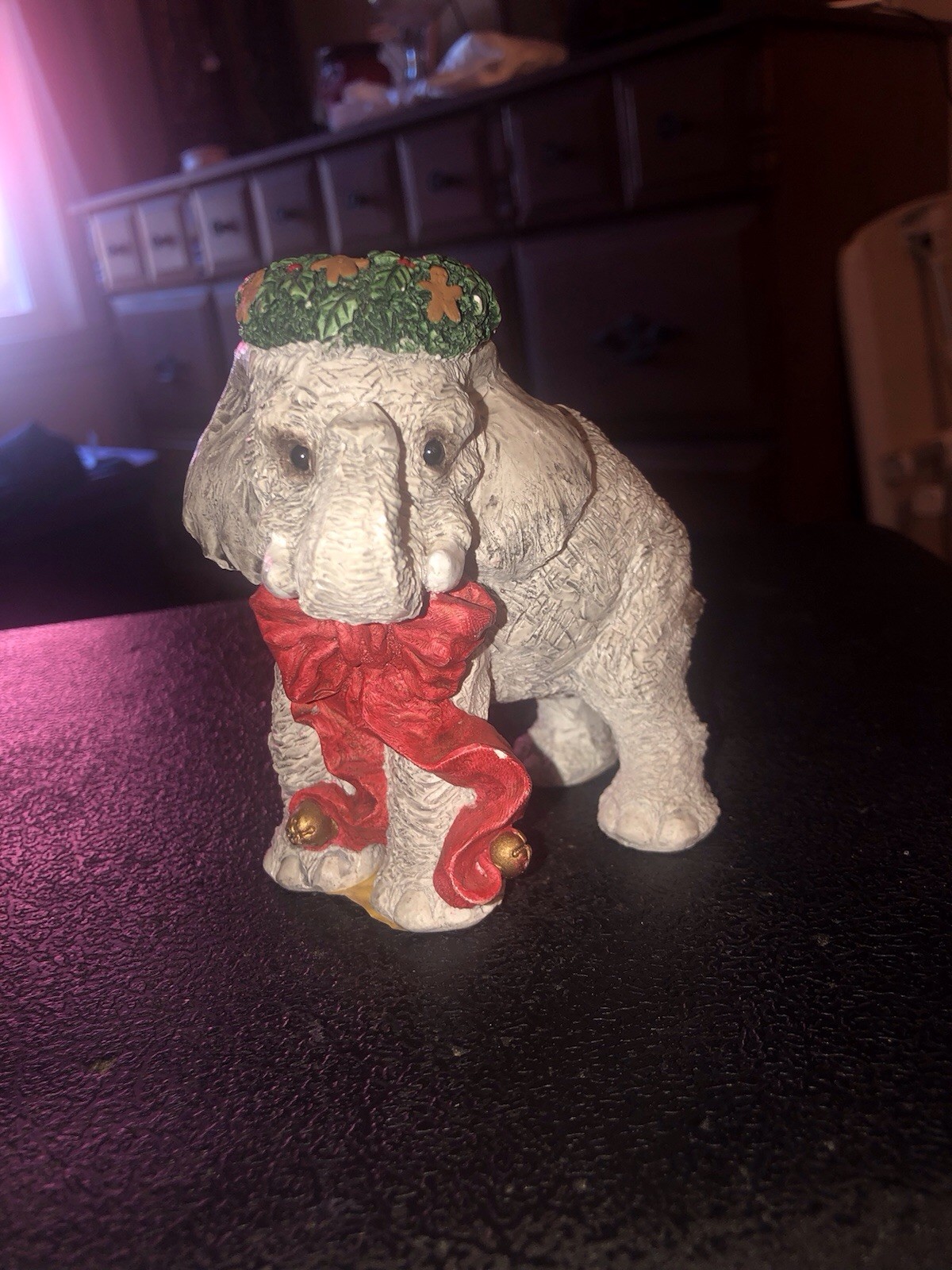 Stone Critters Holiday Elephant Figurine Wreath Hat Red Bow Tie #SC-463