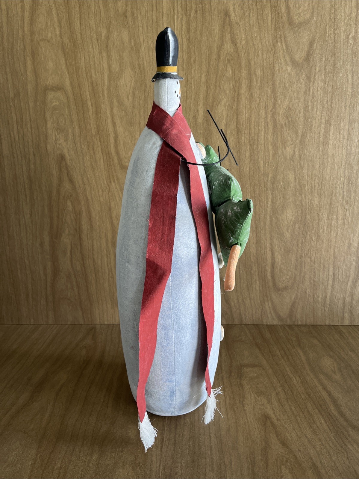 Painted Fabric Folk Art Rustic Snowman W Tree Christmas Decor Weighted 24”