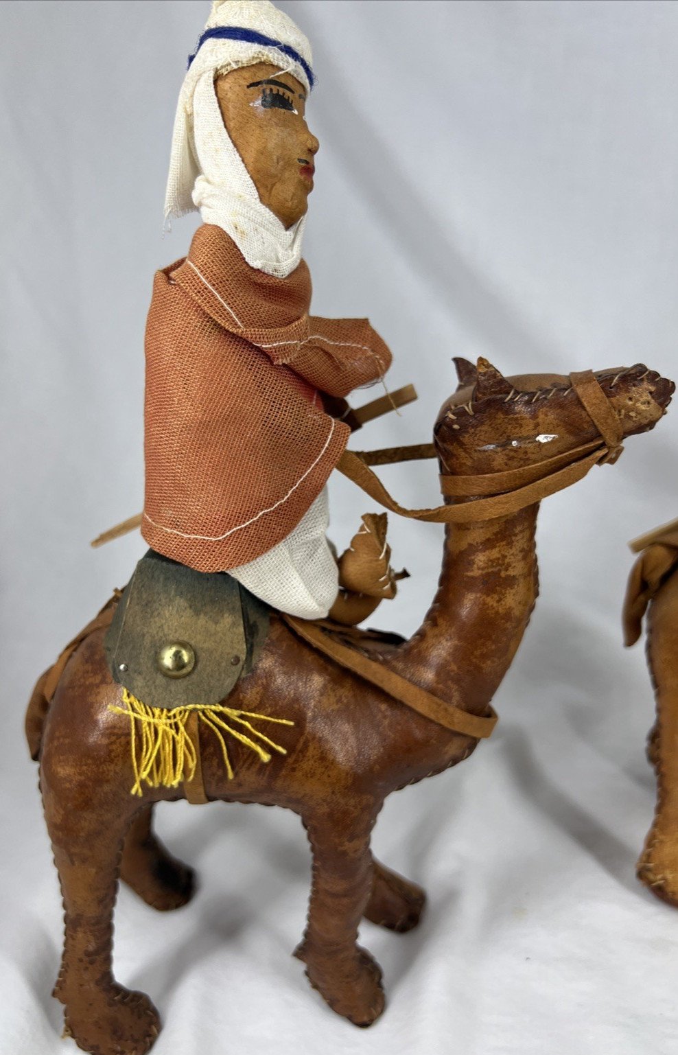 Lot of 2 Leather Bound Wrapped Camel Figure w/ Riders 10″