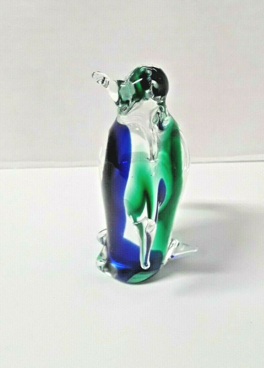 Penguin Paper Weight Glass Figurine Art Glass Blue Green Clear Zoo Figurines
