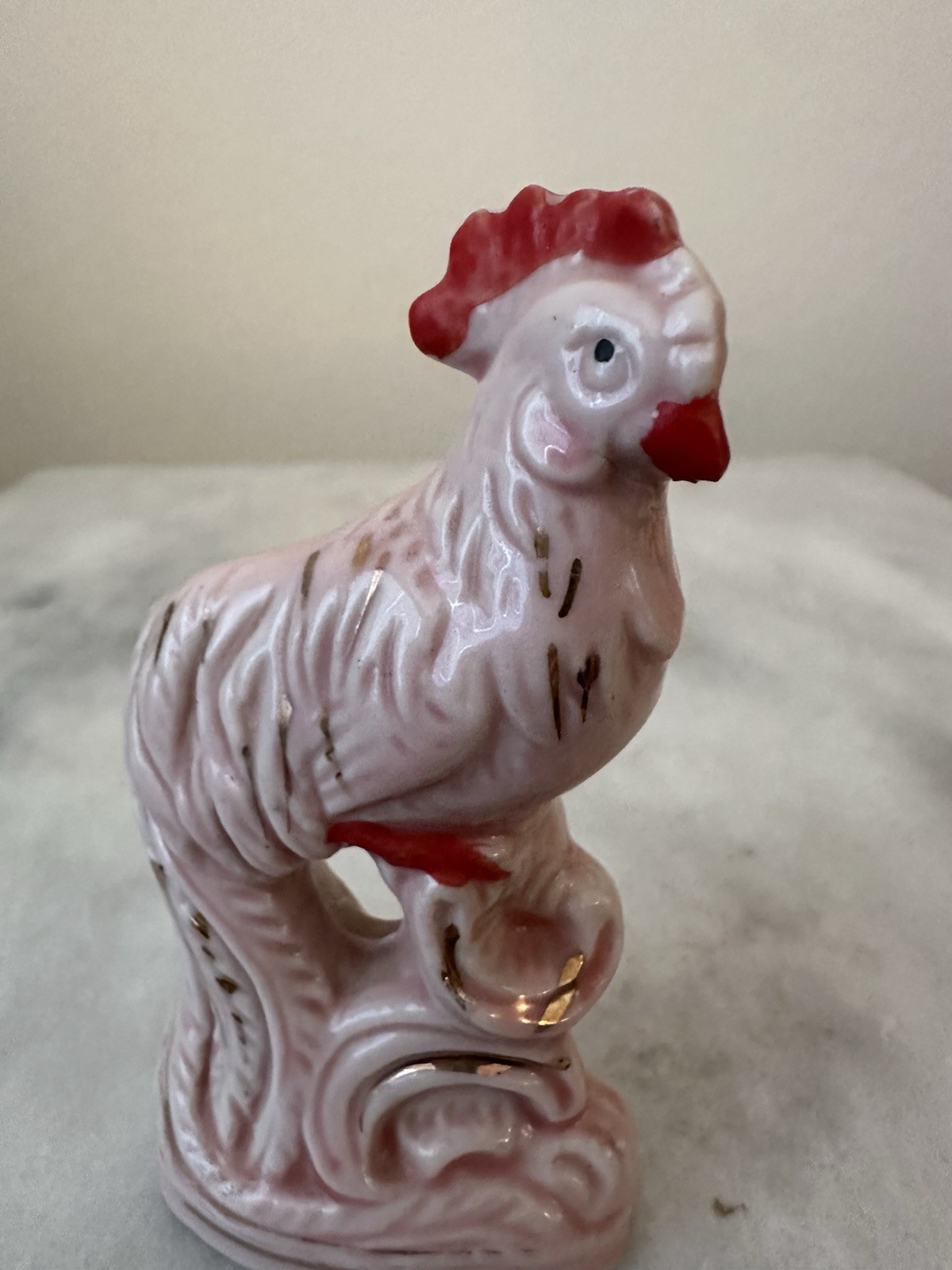 Vintage Mid Century Hand Painted Glossy Ceramic Pink Gold Rooster Chicken 1950s