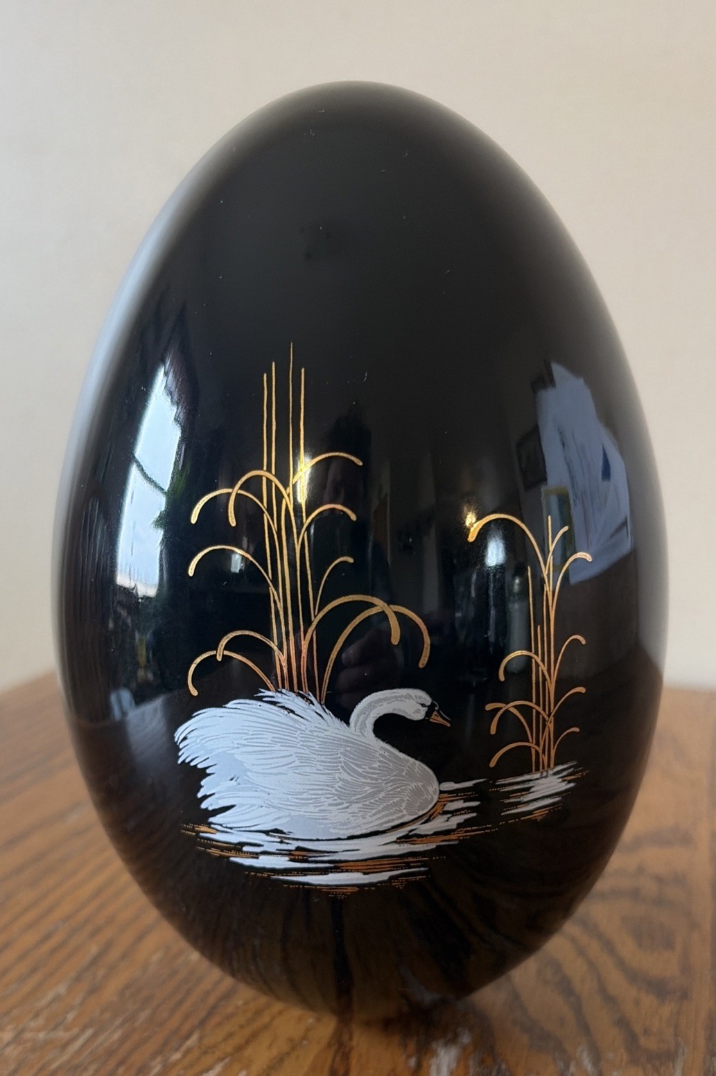 Large Porcelain Black Lacquer Egg White Swan & Gold Folk Art