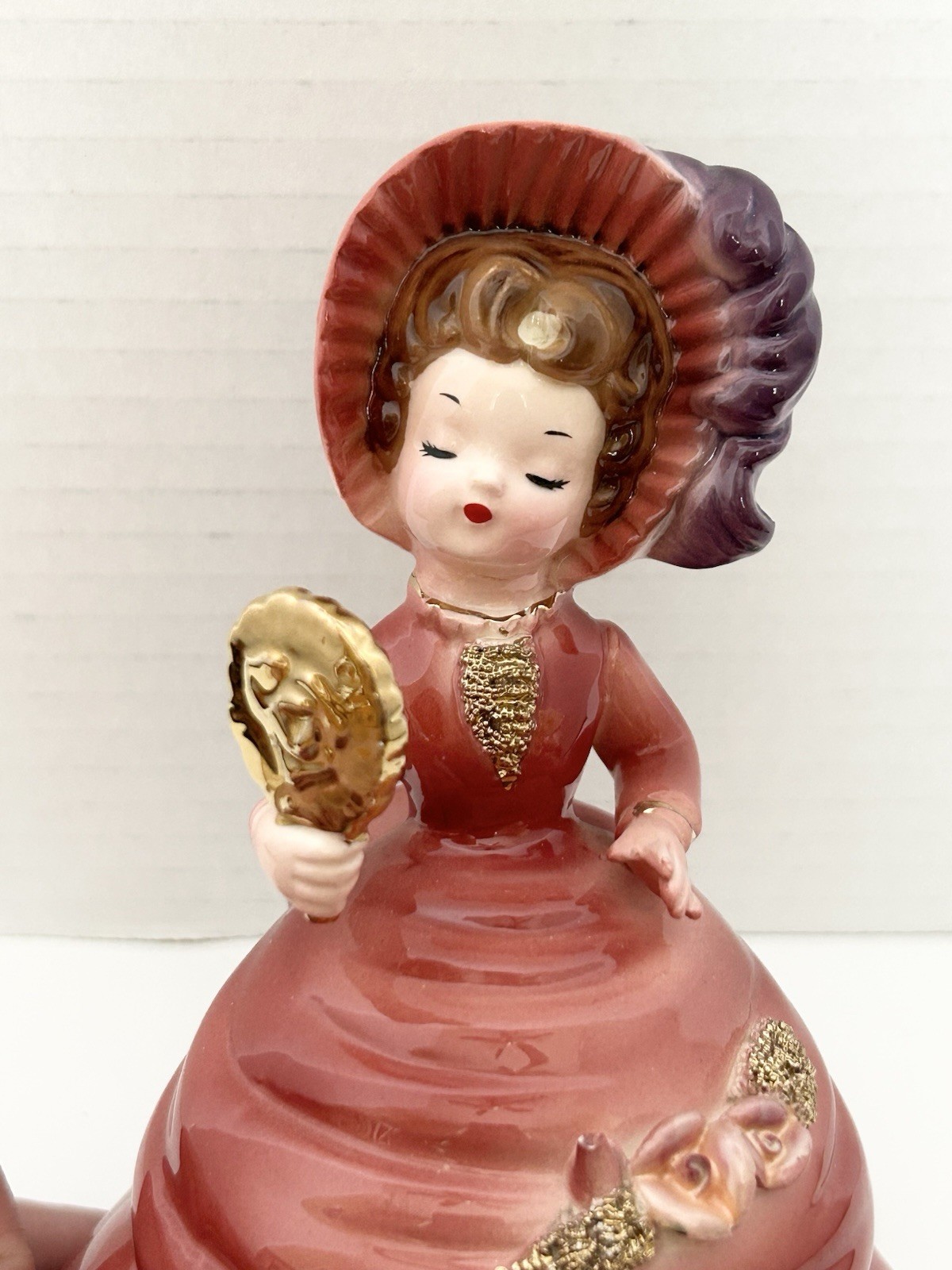 Josef Originals Make Believe Series – Maroon Roses Feather Hat & Gold Mirror