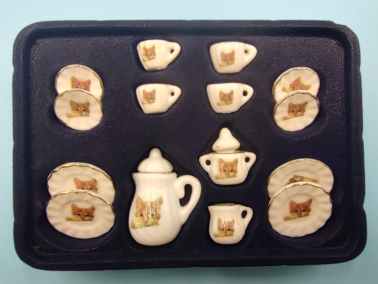 Kitty Cat 15-Piece Miniature Tea Set Ceramic, 1:12 Scale New in Package L@@K!