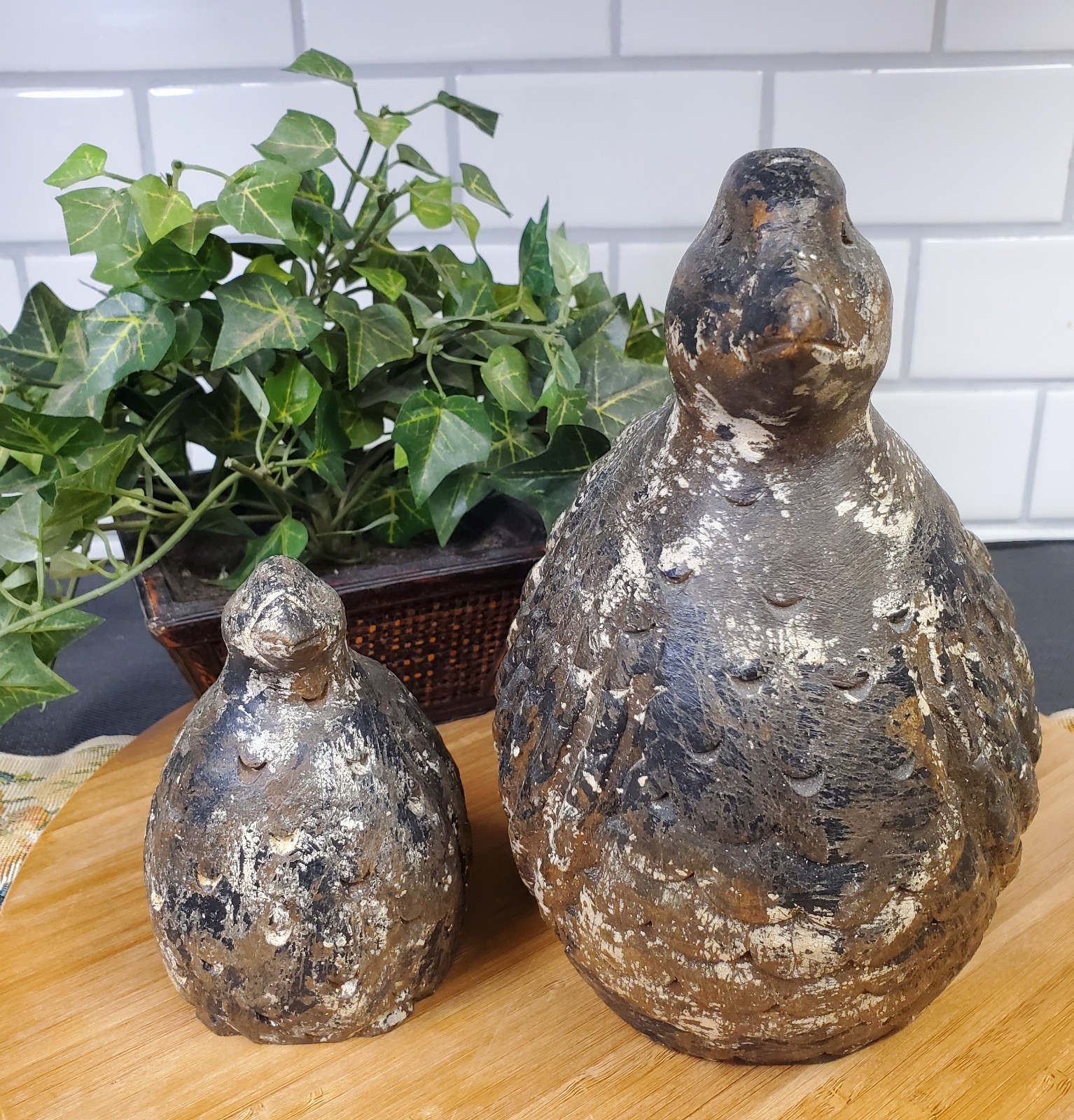 Rare Pair of Resin Wood-like Quail Hen & Chick Figurines