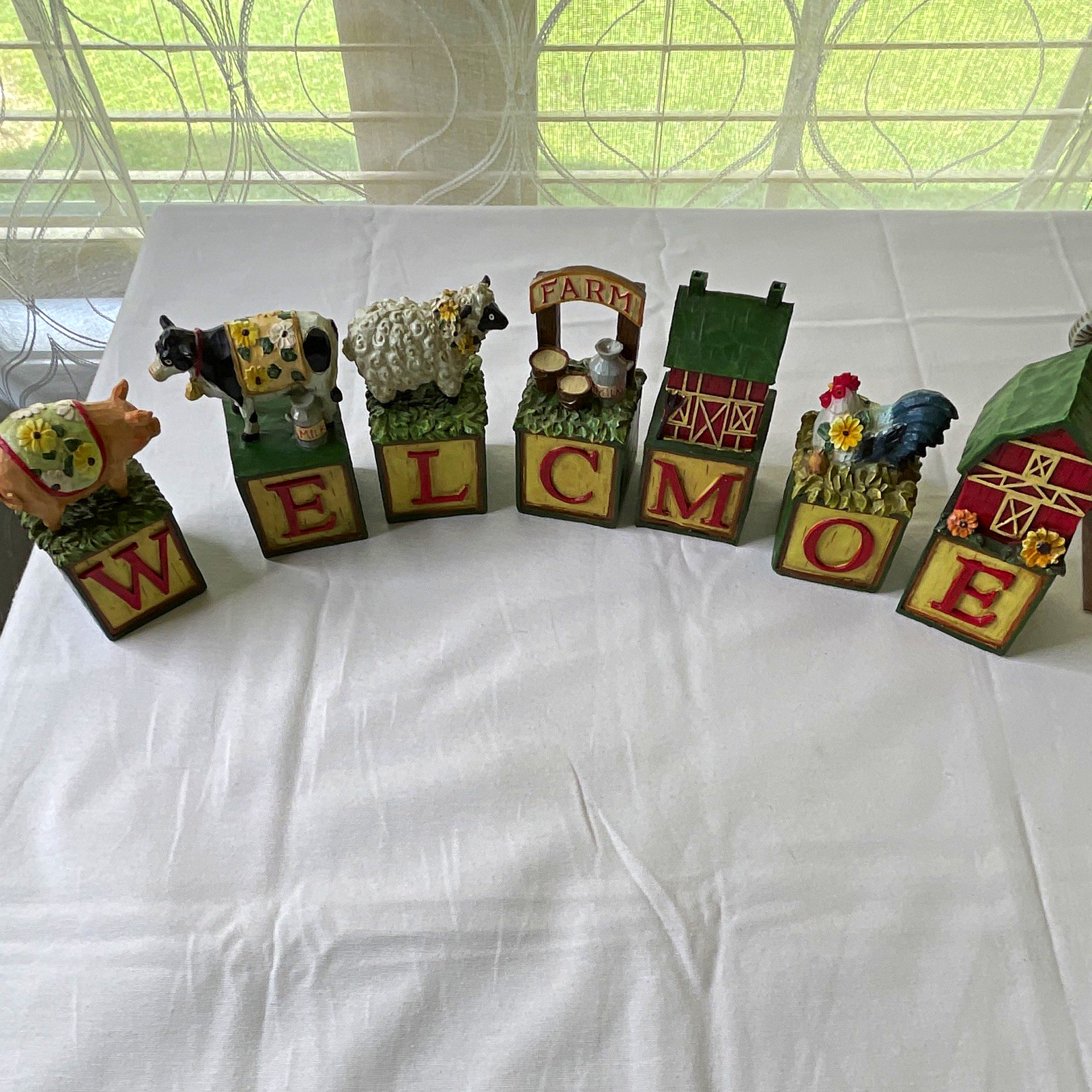 Susan Winget Farm WELCOME Resin Figurine Block Set Hand Painted 7pc 4in 2006