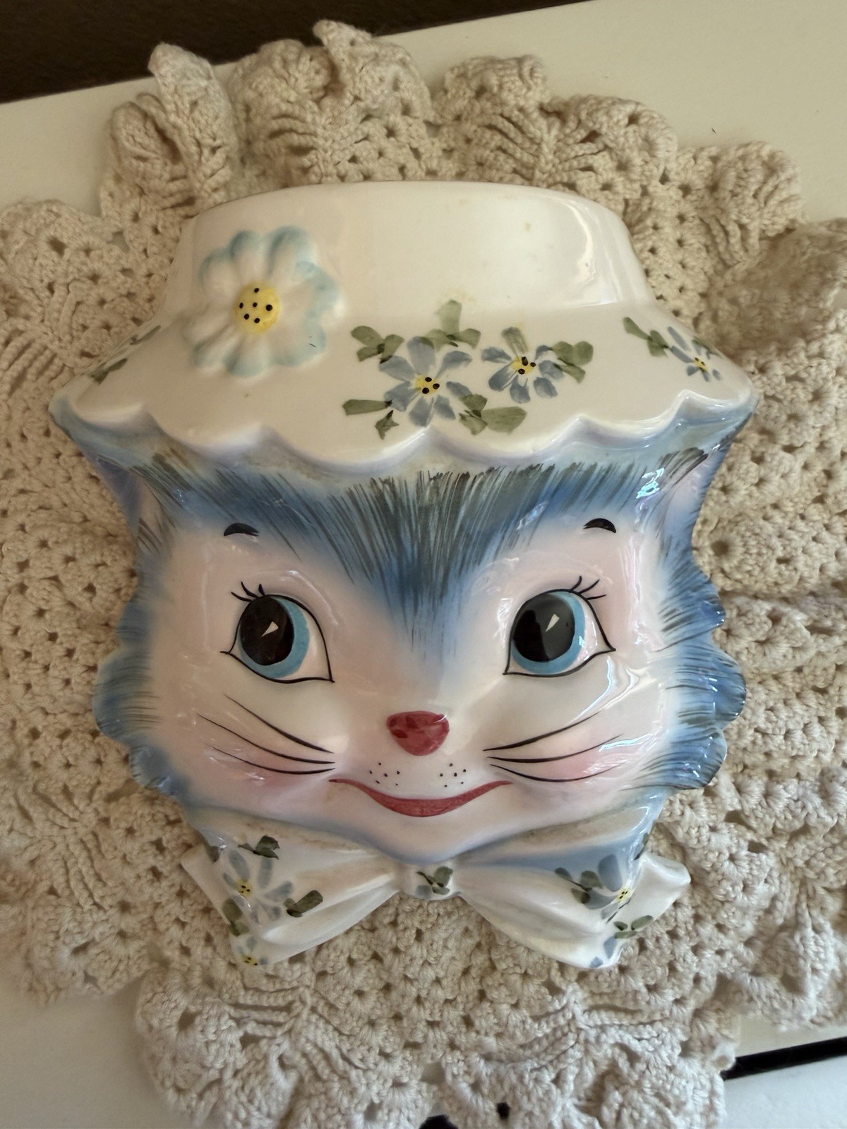 1950’s Kitsch/Vintage Lefton Miss Priss Anthropomorphic Blue Cat Wall Pocket